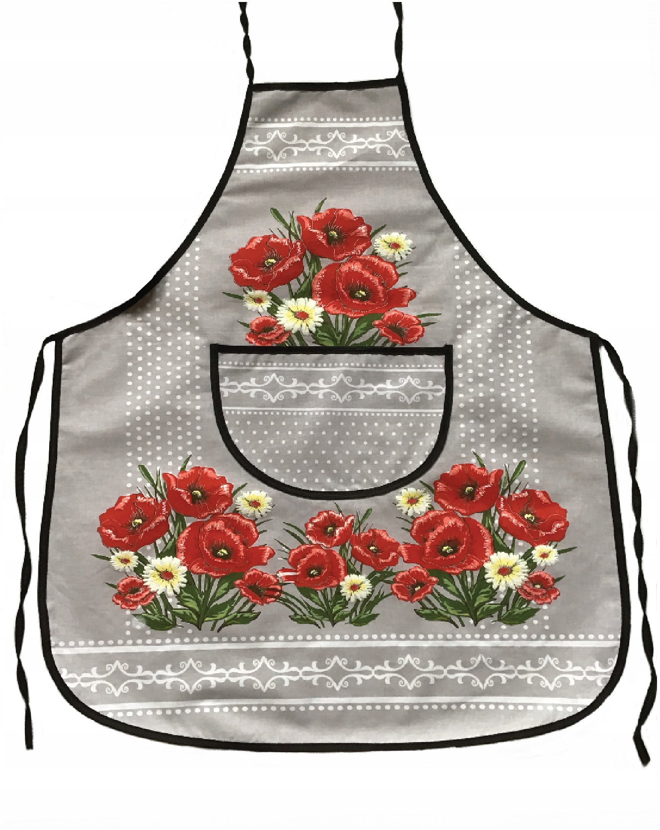 

Fartuch fartuszek z kieszonką kwiaty maki szary Pl