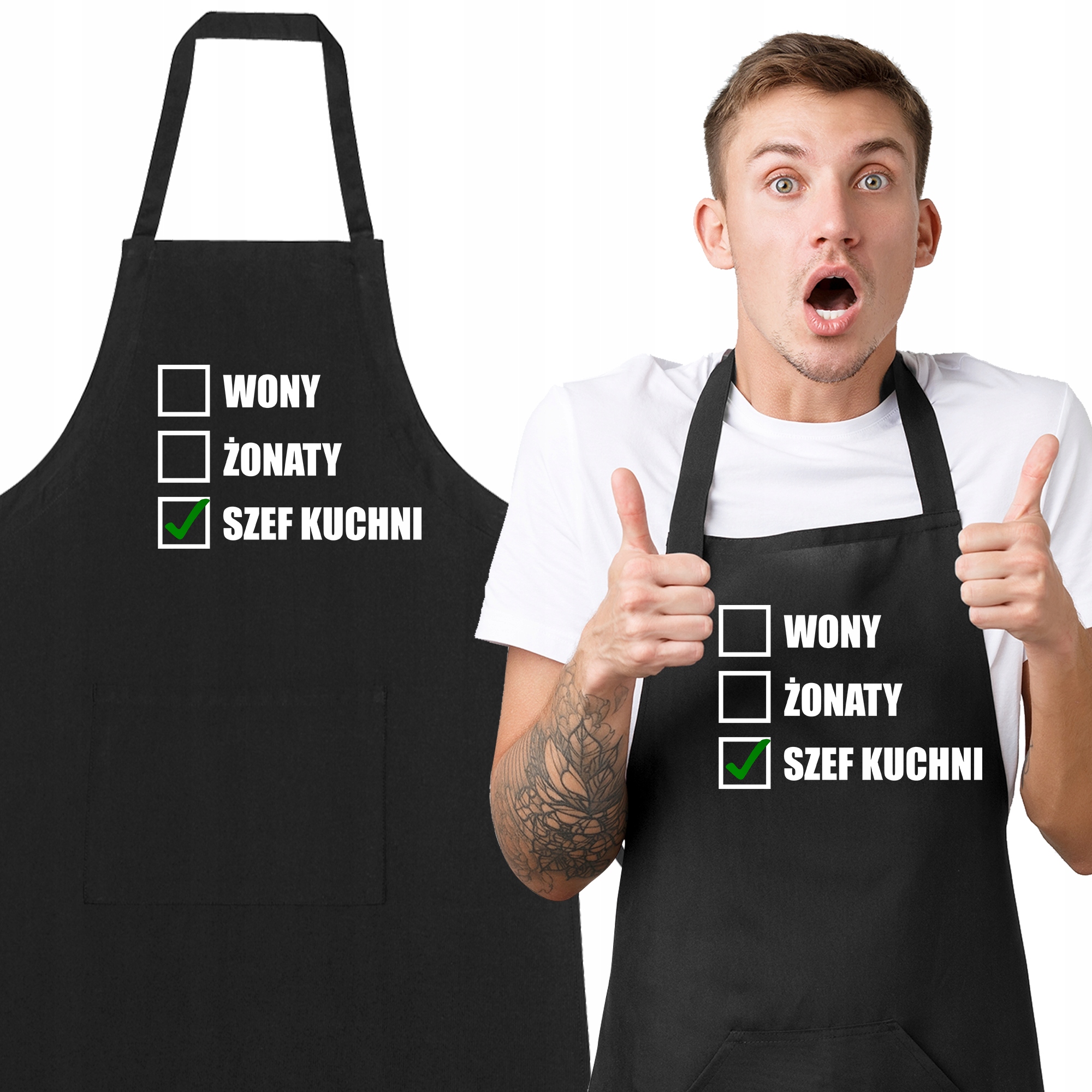 Černá bavlněná zástěra Volný Ženatý Šéfkuchař Veselý Dárek Vzory
