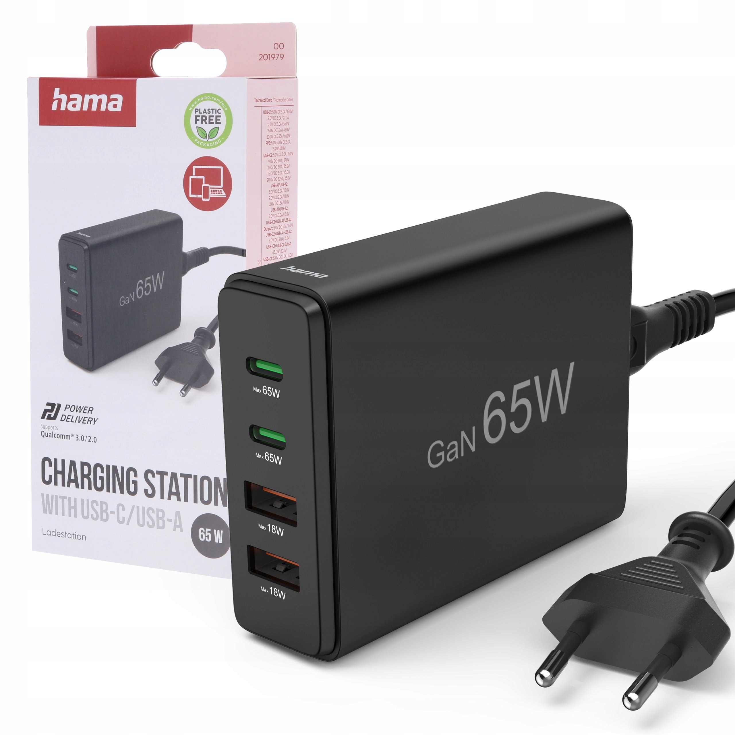 Hama stacja ładująca ładowarka 65W Usb GaN 2xUSB-C 2xUSB-A PowerDelivery