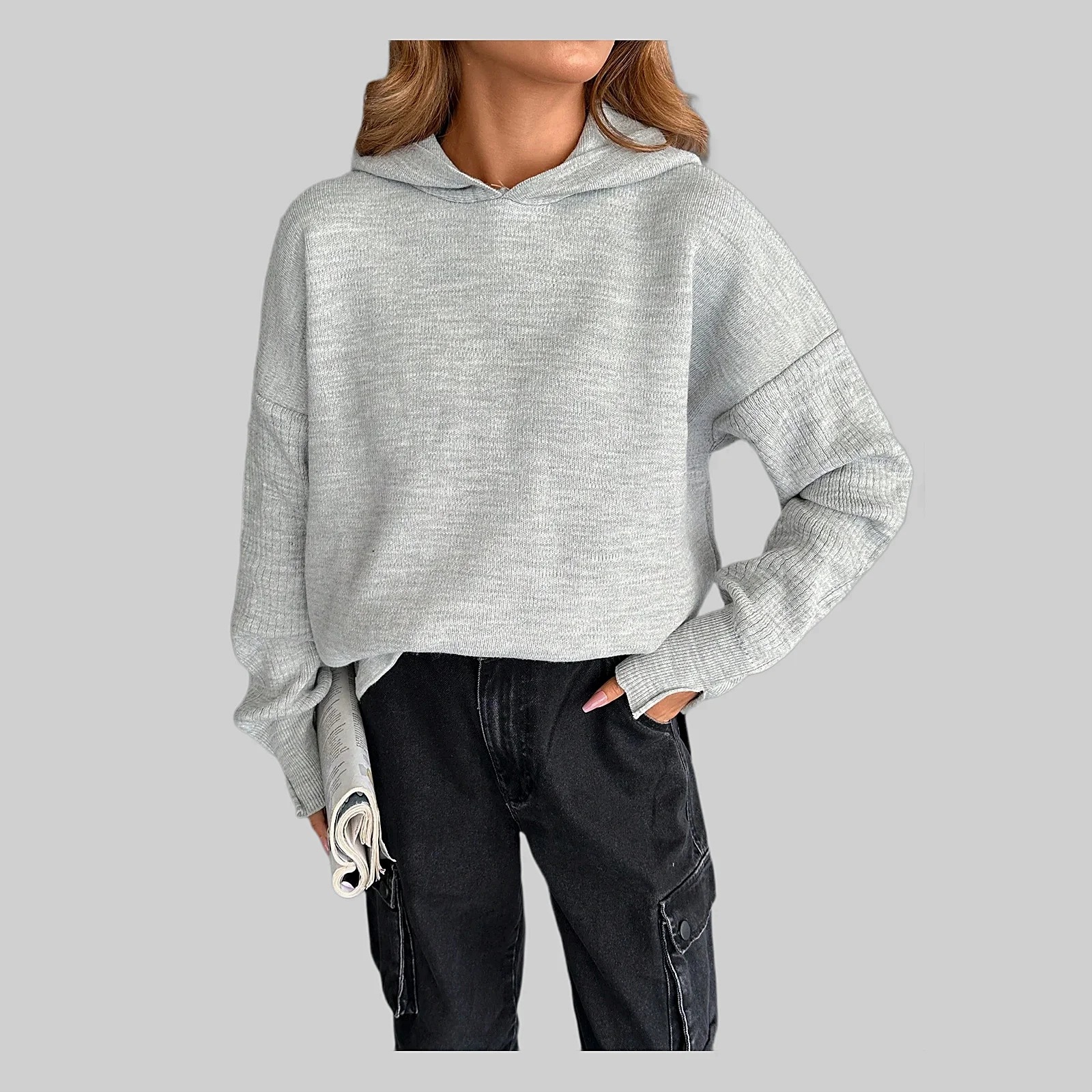 Dámský Svetr S Kapucí Šedý Oversize S Dlouhým Rukávem Shein L 40
