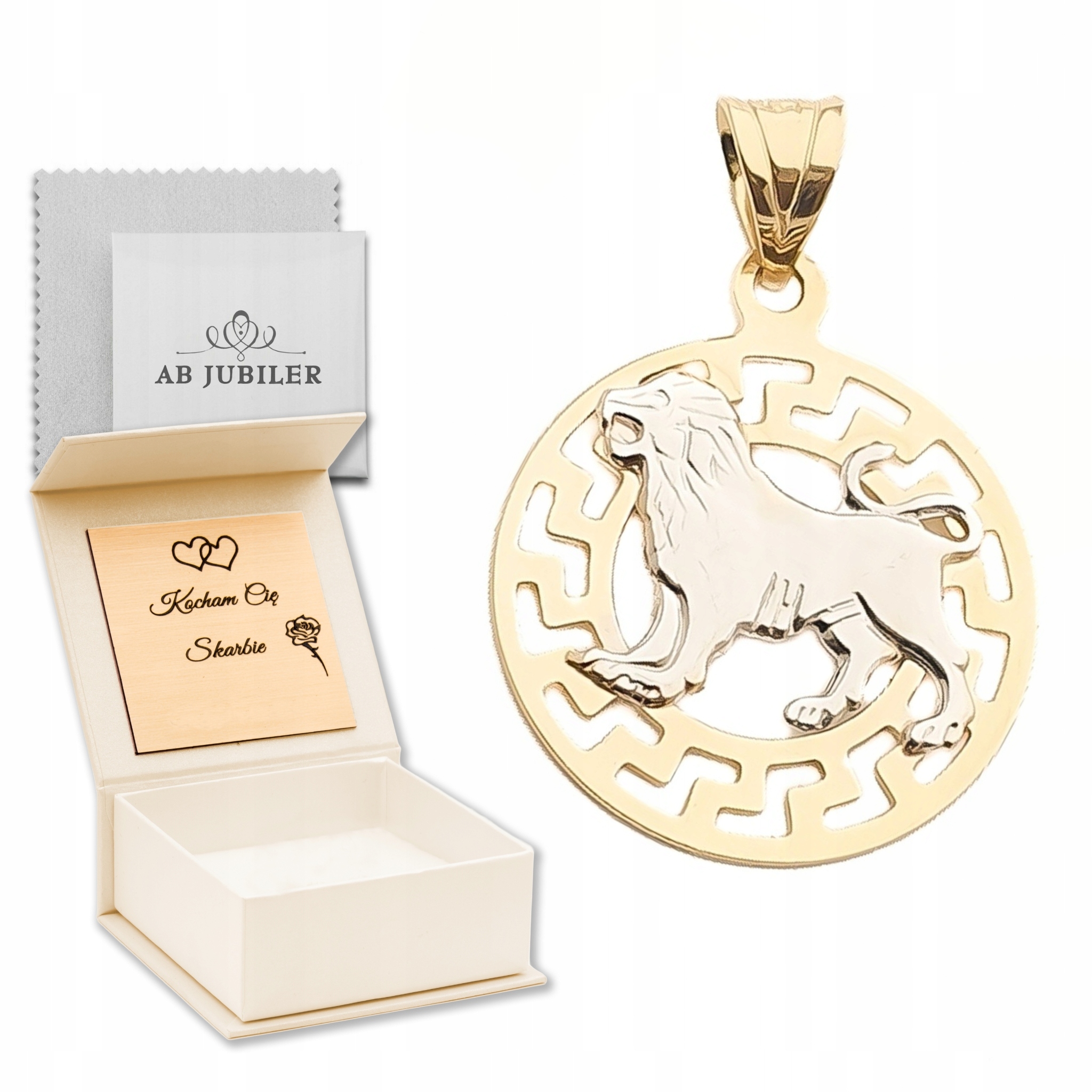 Złota Zawieszka 585 Znak Zodiaku Lew z Pudełkiem, Dedykacją i Ściereczką
