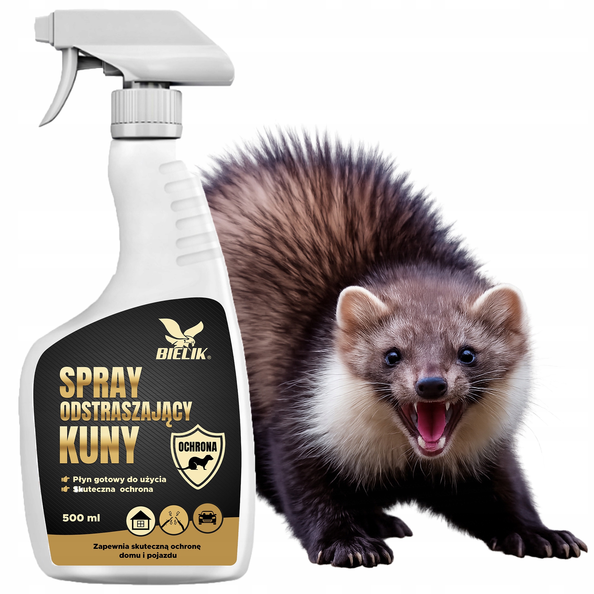 ŚRODEK SPRAY PŁYN NA KUNY PREPARAT PRZECIW KUNOM ODSTRASZACZ BIELIK 500ML