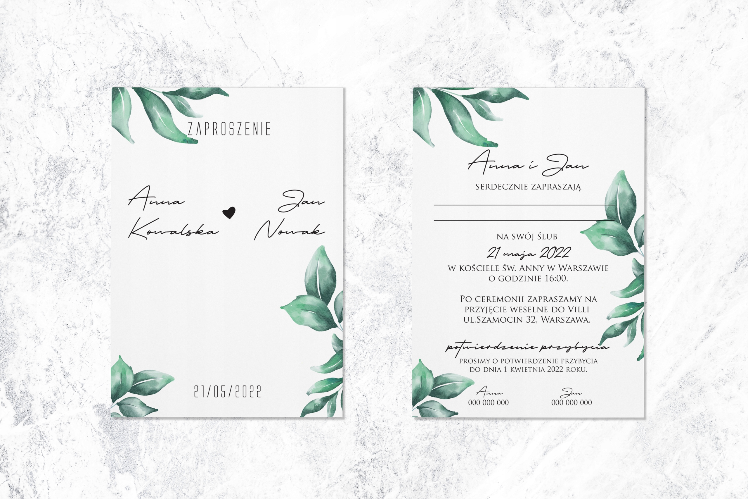 Zaproszenia Ślubne A6, zielone liście, botanic