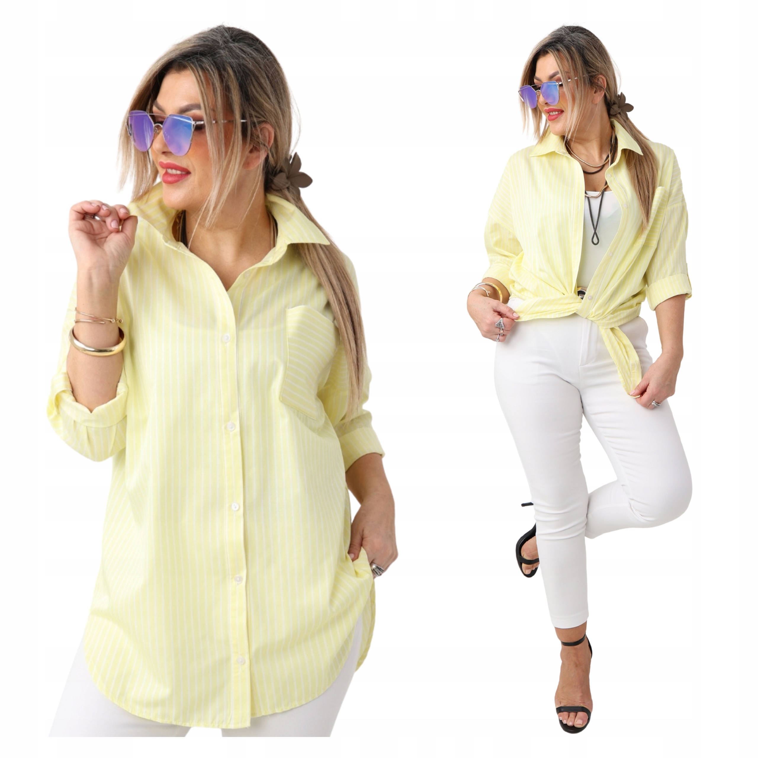 Bawełniana Koszula Damska Oversize Wzór W Paski Luźna Duże Rozmiary