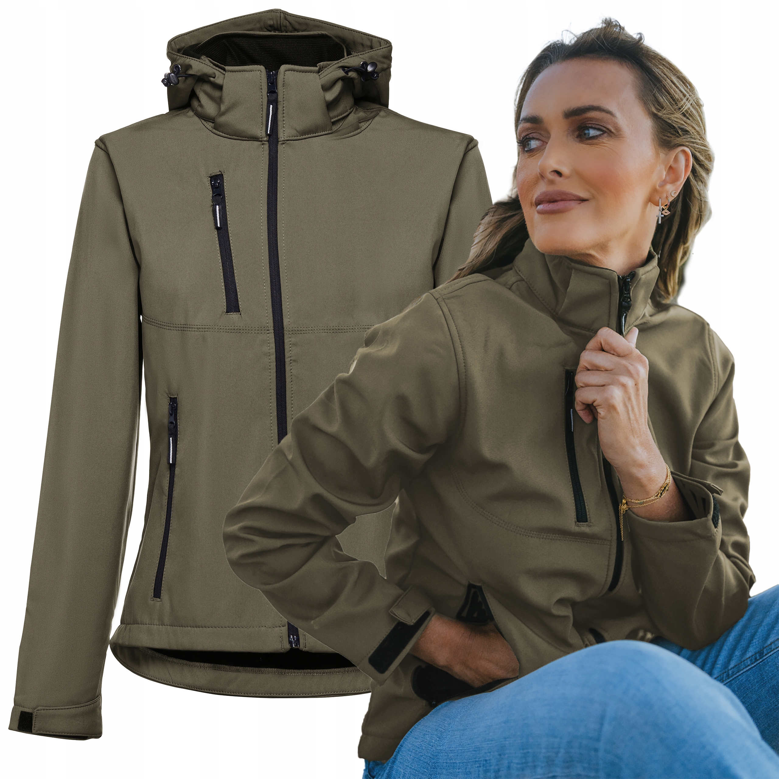 Dámská nepromokavá bunda Softshell s fleecovou kapuce, vojenská, velikost XL