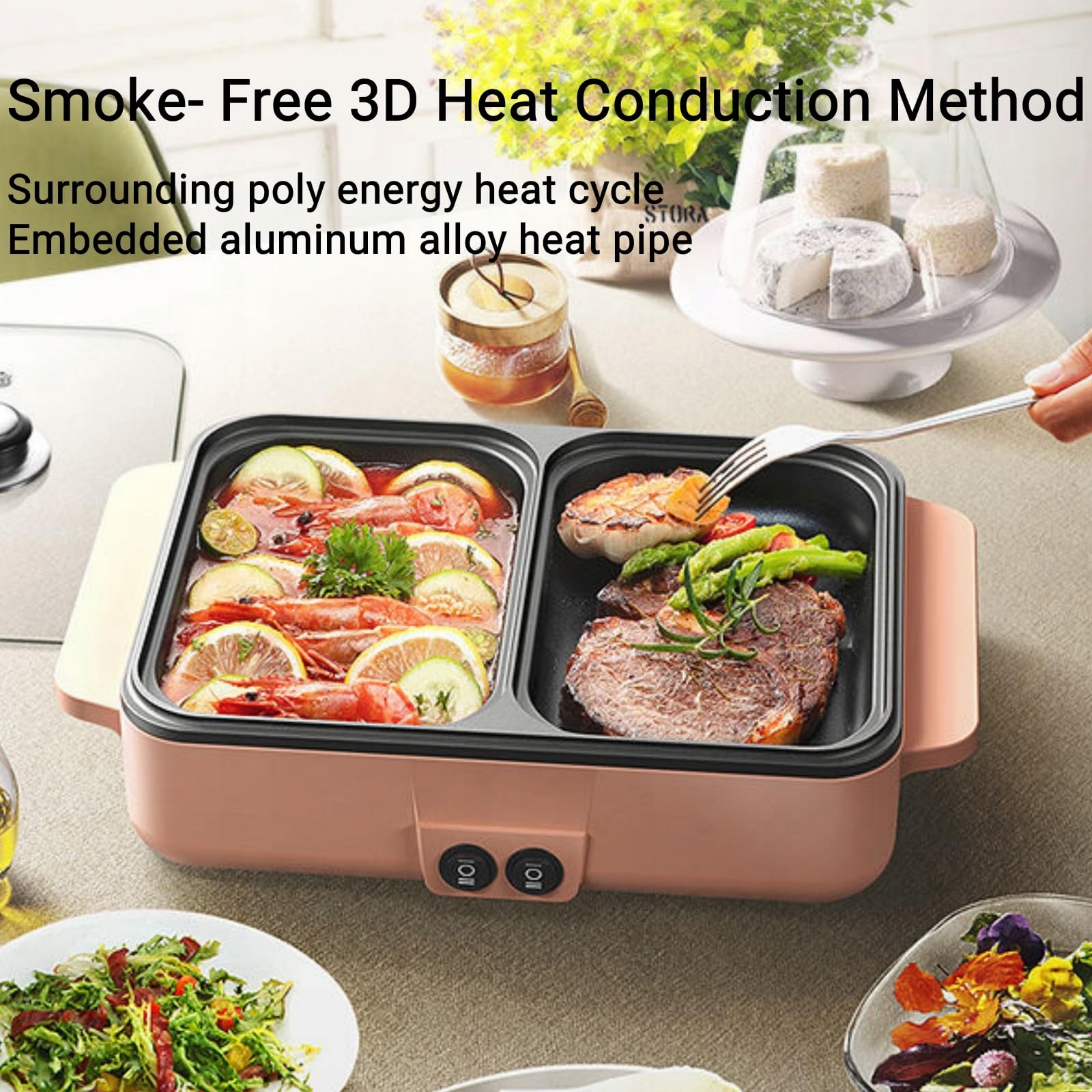 TOPYOND Elektryczny Hot Pot 1200W i Grill BBQ Stół Grill Koreański 2 Osoby — miniatura 9