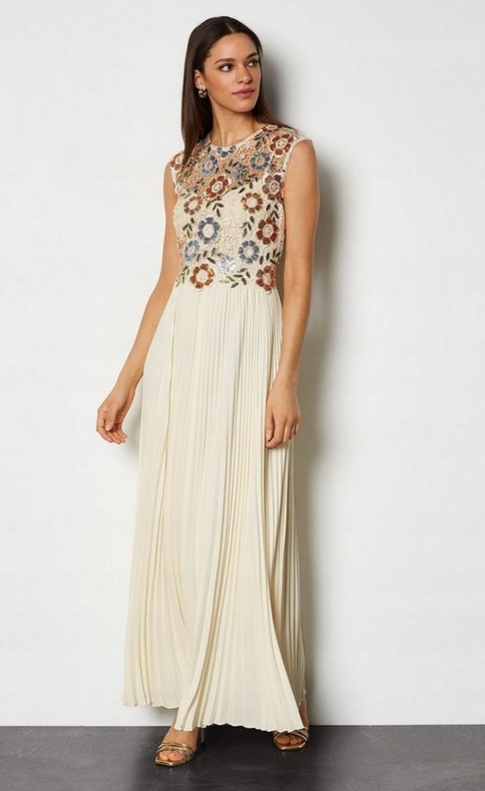 Karen Millen Sukienka Plisowana Ecru MIDI 40 1YFG