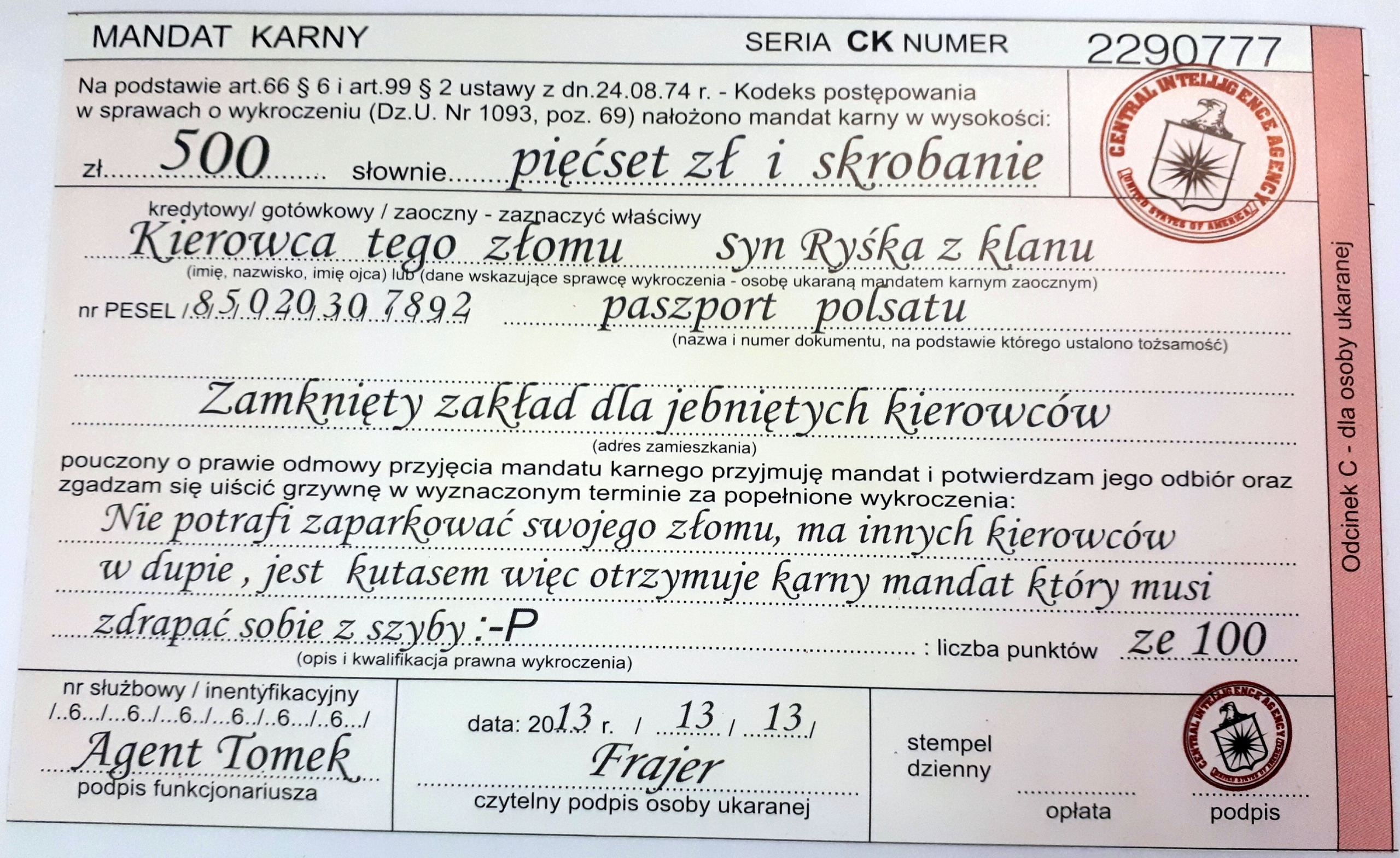 

Mandat Karna naklejka za złe parkowanie 50szt