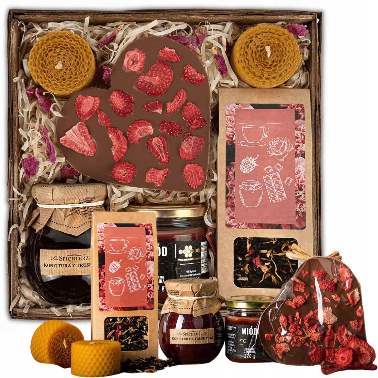Levně Dárkový Koš Sada Čaj Čokoláda Srdce Med Zavařenina K Narozeninám