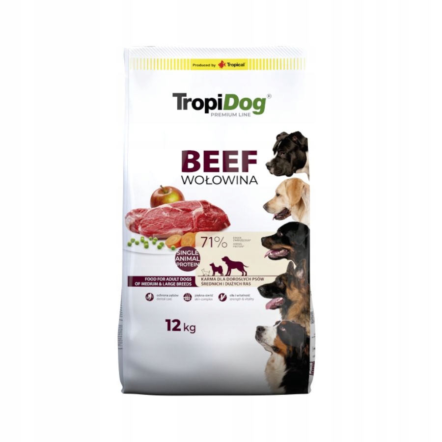 TropiDog Premium suché krmivo pro psy Hovězí S Rýží 12 kg