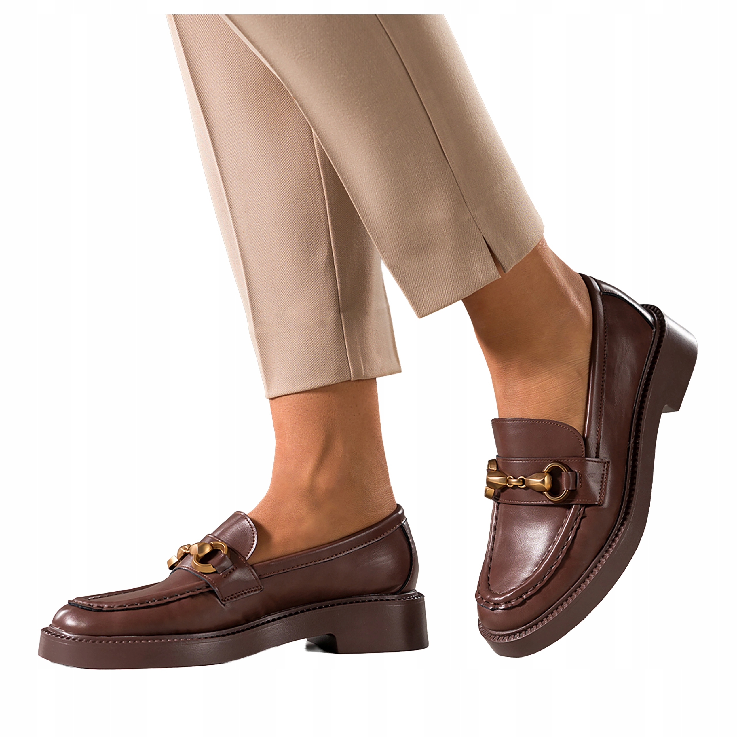 Mokasíny Hnědé Dámské Polobotky Zlatá Ozdoba Nízký Podpatek Pohodlné vel 40