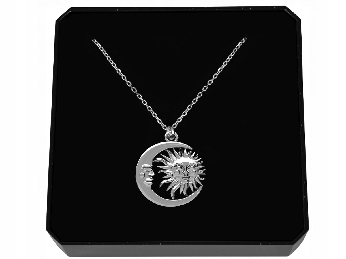 Naszyjnik Srebrny S925 Słońce i Księżyc Łańcuszek Zawieszka Pudełko