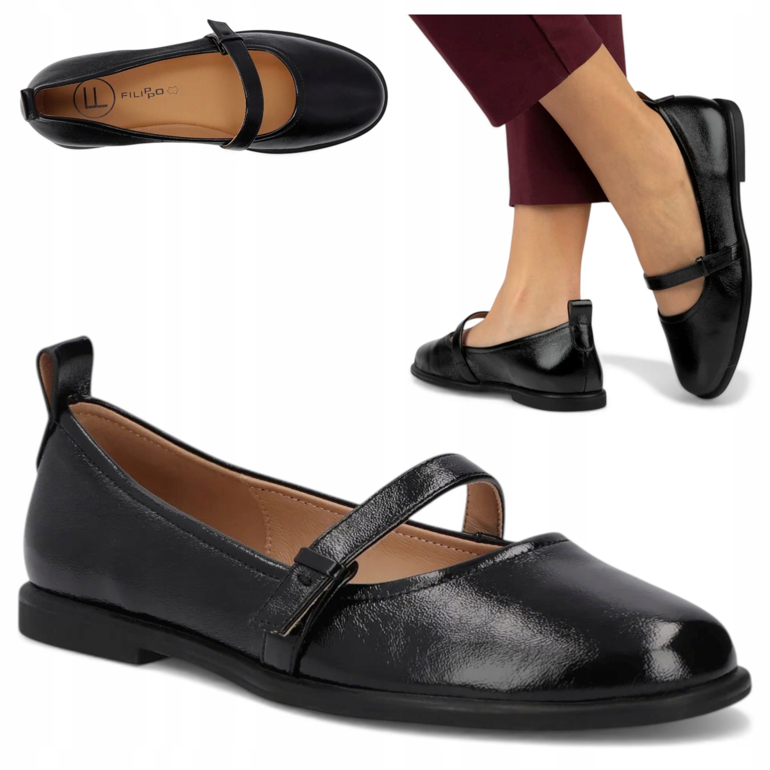 Baleriny Damskie Skórzane 39 Filippo Baletki Czarne Wiosenne