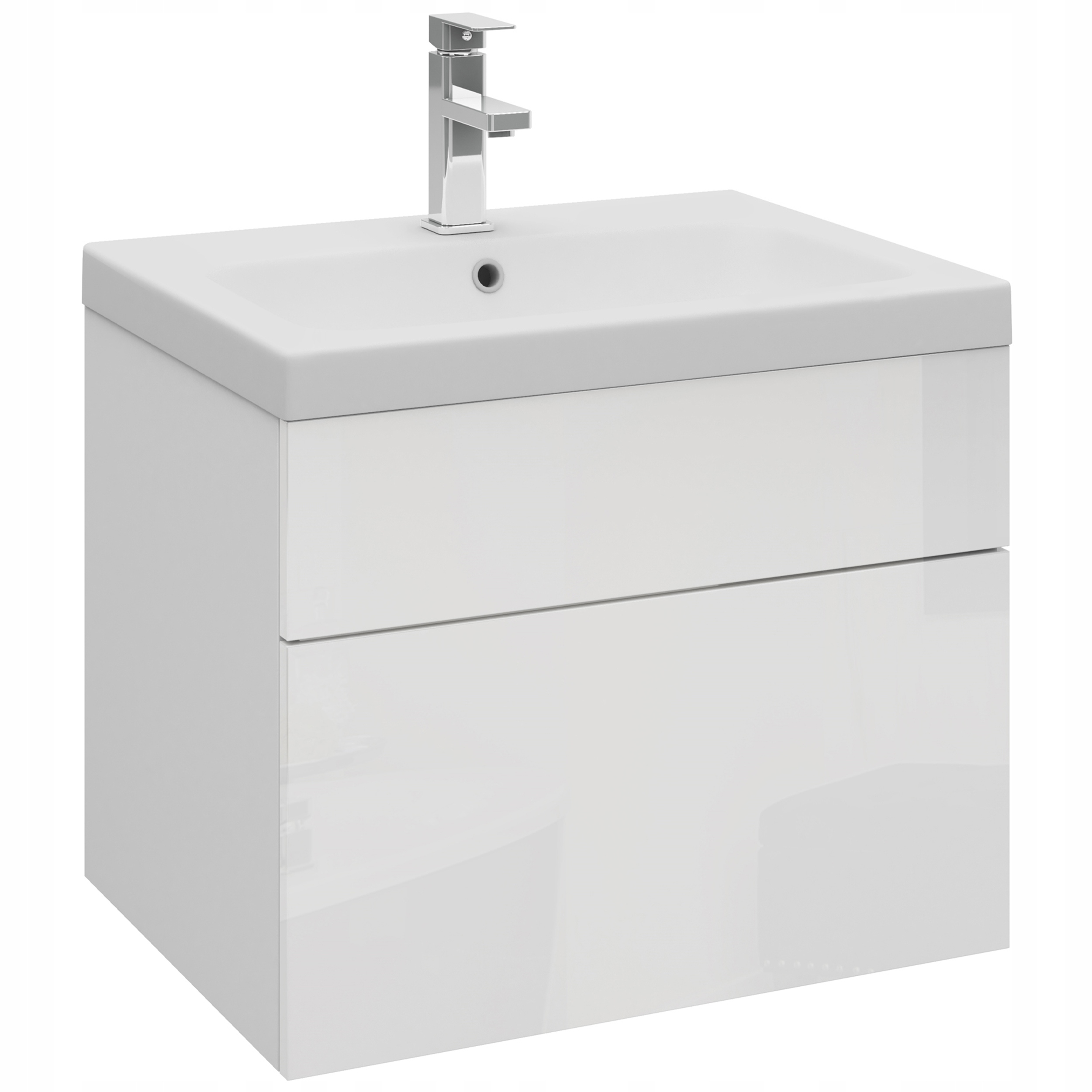 

Biała wisząca szafka łazienkowa z umywalką 60 cm