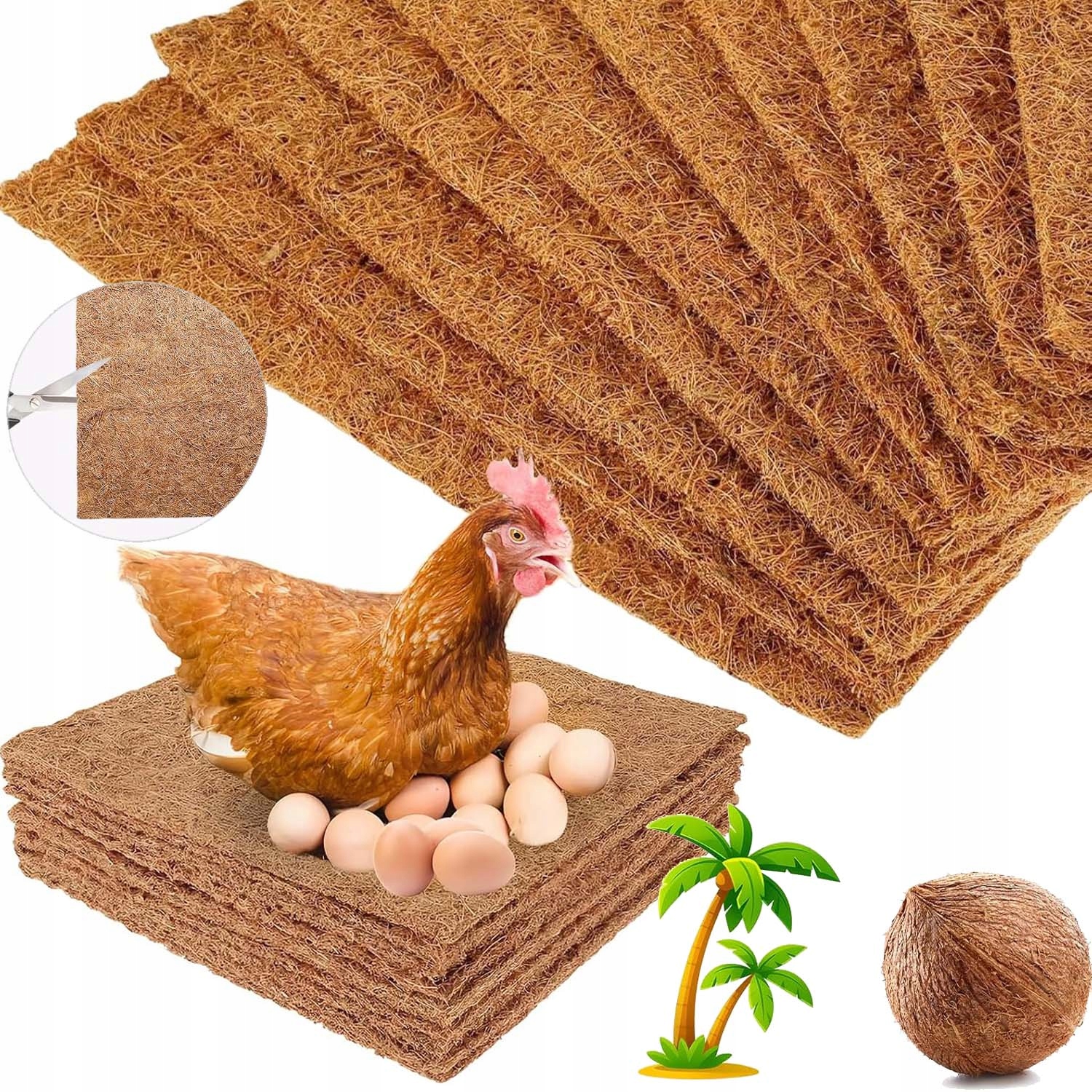 Levně Kokosová Podložka 30 X 30 CM, Multifunkční, Odolná Pro Slepice, Pro Stavbu Hnízd, 10 Ks