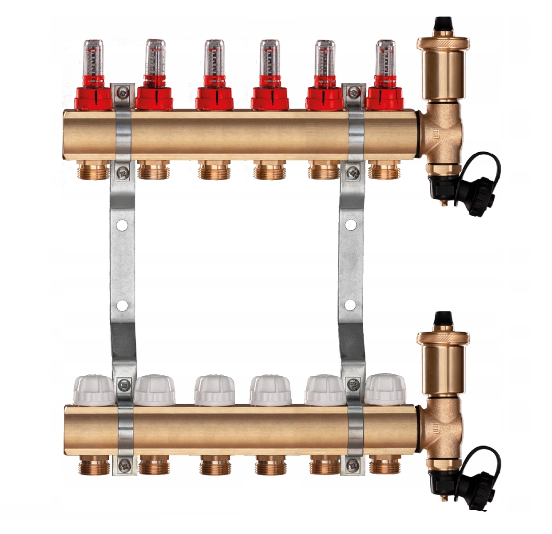 Mosazný rozdělovač pro podlahové vytápění, 6 sekcí