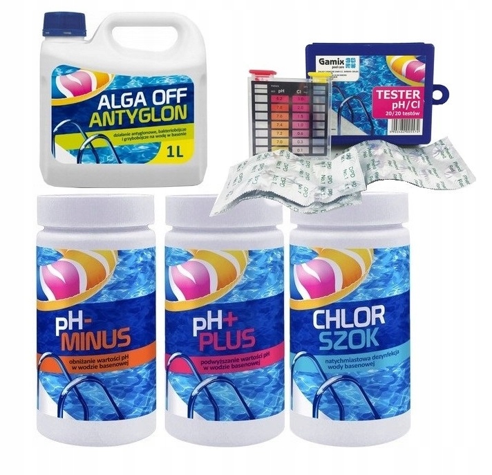 Zestaw Chemia do Basenu Wody Jacuzi Chlor Szok AntyGlon pH Tester Gamix 5w1