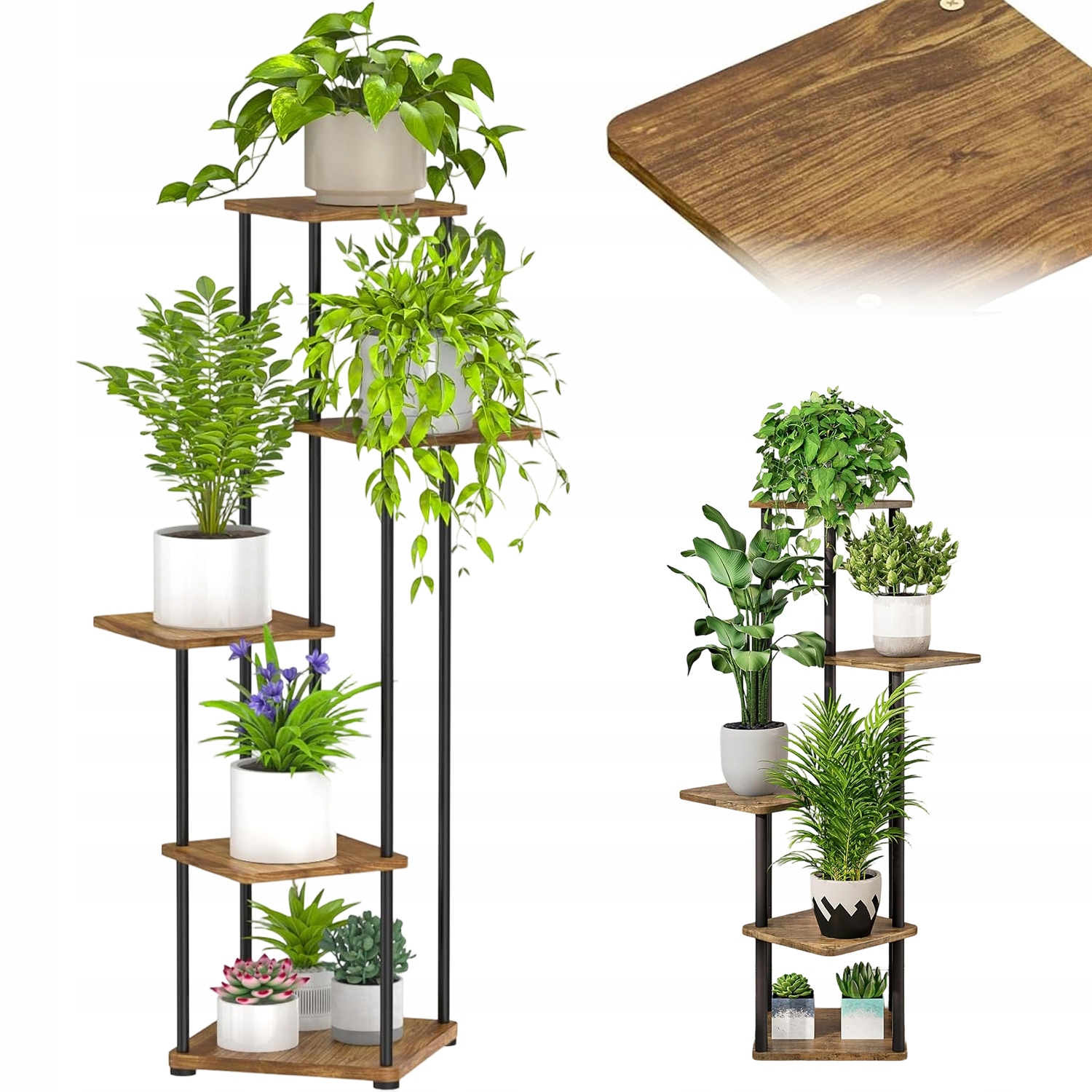 Regál Na Rostliny 5 Úrovní, Kov A Dřevo, Černý, Pro Obývací Pokoj, Balkon, Terasu