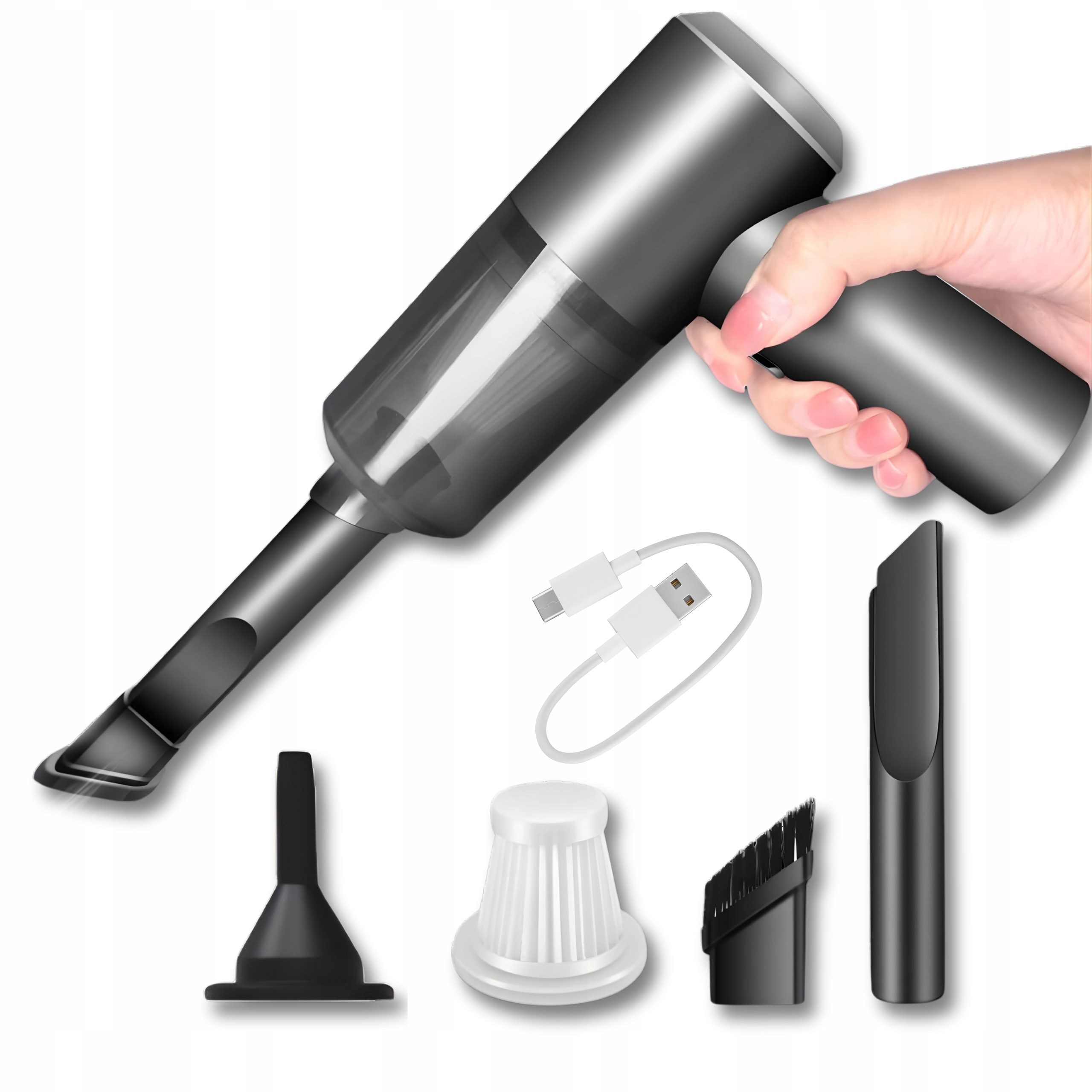 Odkurzacz Samochodowy Ręczny Mały Bezprzewodowy 2500Pa Do Auta Usb Końcówki