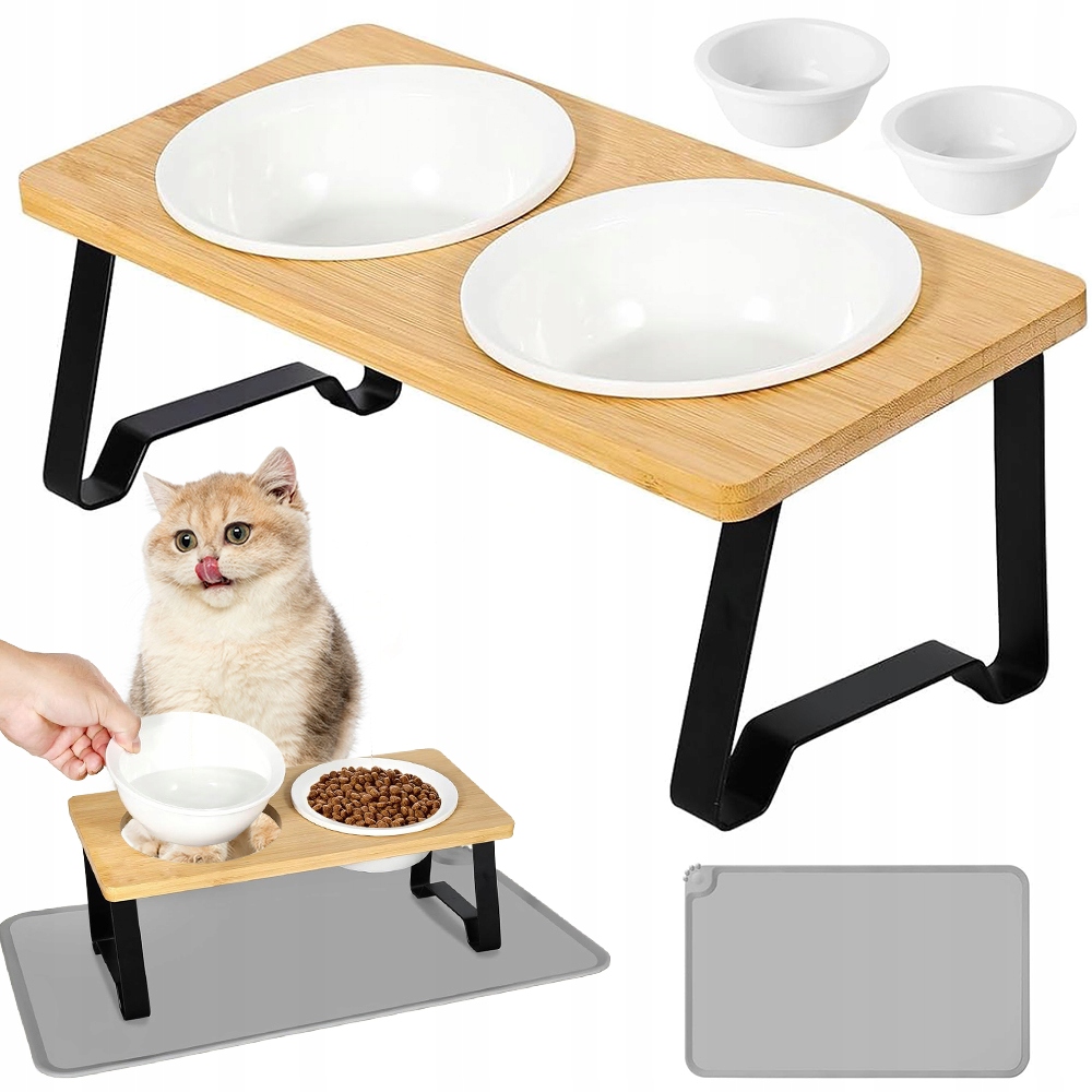 Levně Vyvýšené Misky Pro Kočky 2 Kusy Keramika Bambus Snadno Omyvatelné