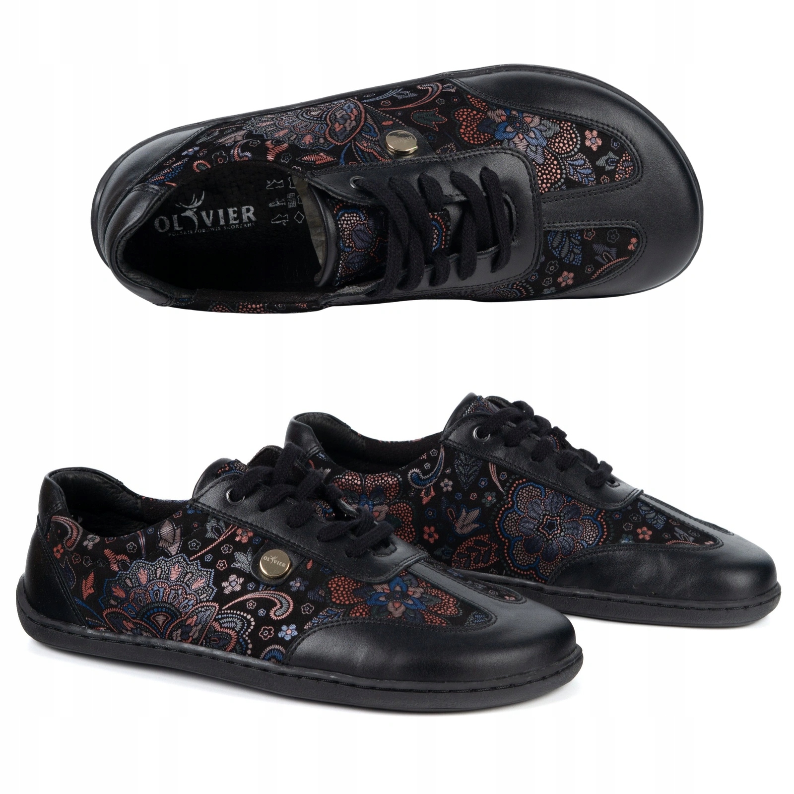 Dámské barefootové boty Olivier 113MP kožené boty černé květy 43