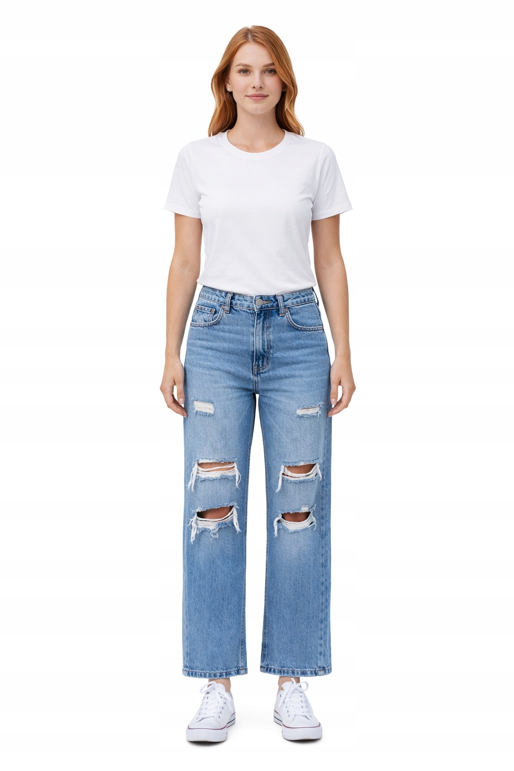 Džíny Mom Jeans Díry A Oděrky Modré M 1I4A