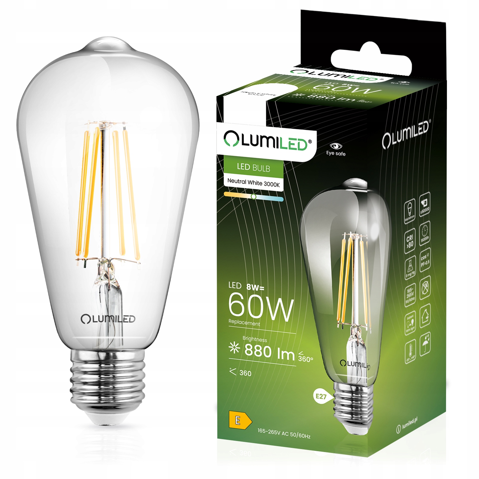 Żarówka LED E27 EDISON ST64 8W = 60W 4000K Neutralna FILAMENT OZDOBNA RETRO