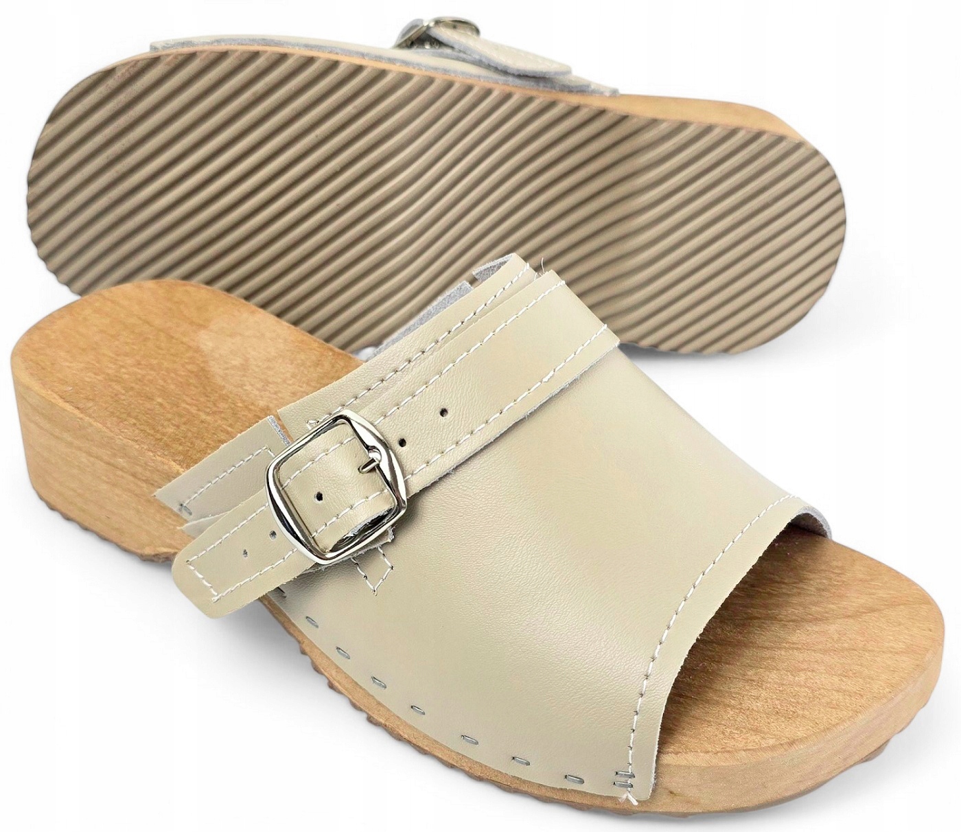 Chodaki Skórzane Klasyczne Drewniaki z Klamrą Damskie Medyczne Odkryte *38* Rozmiar 38