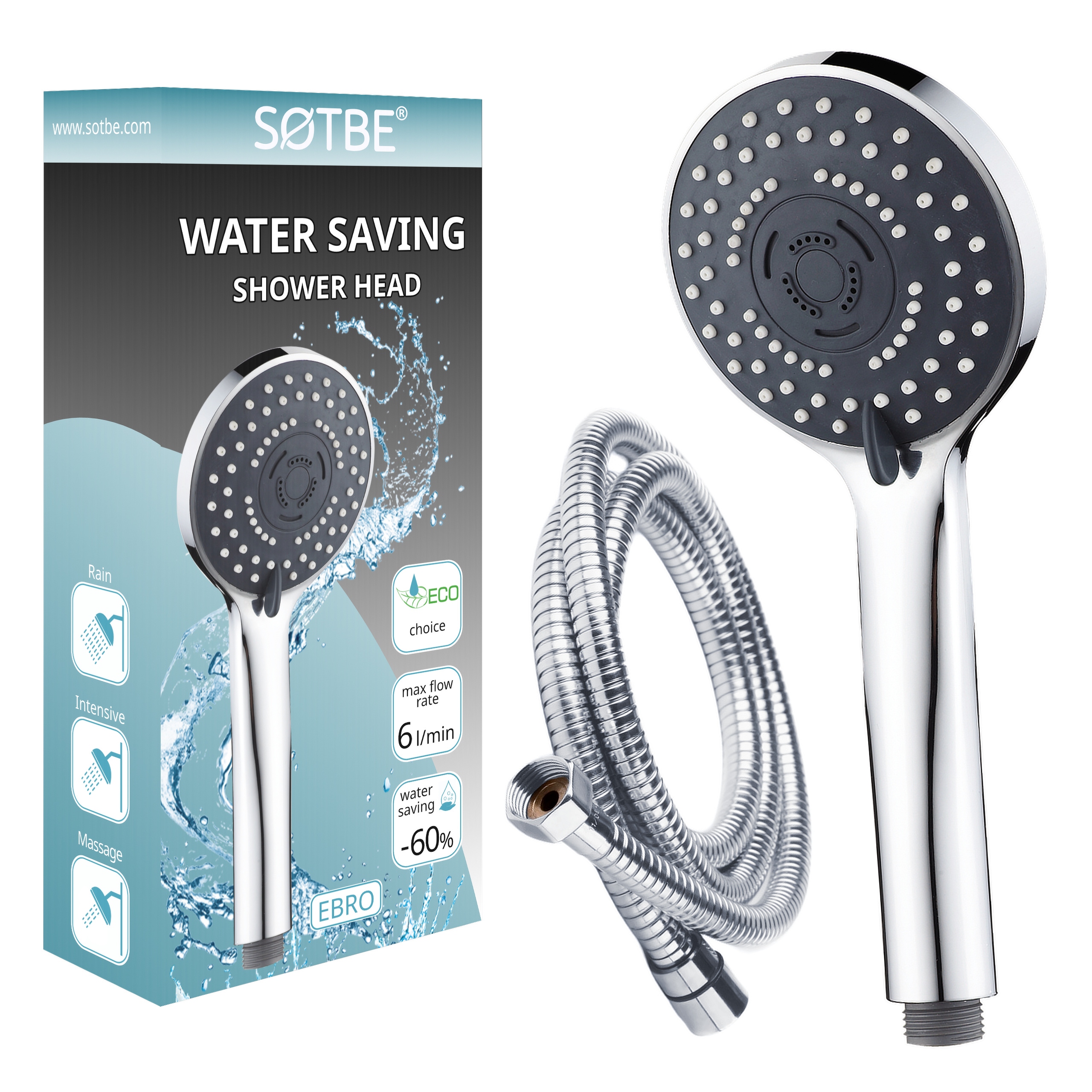 Sprchová Hlavice do sprchy – 60% vody Hadice 150 cm Set