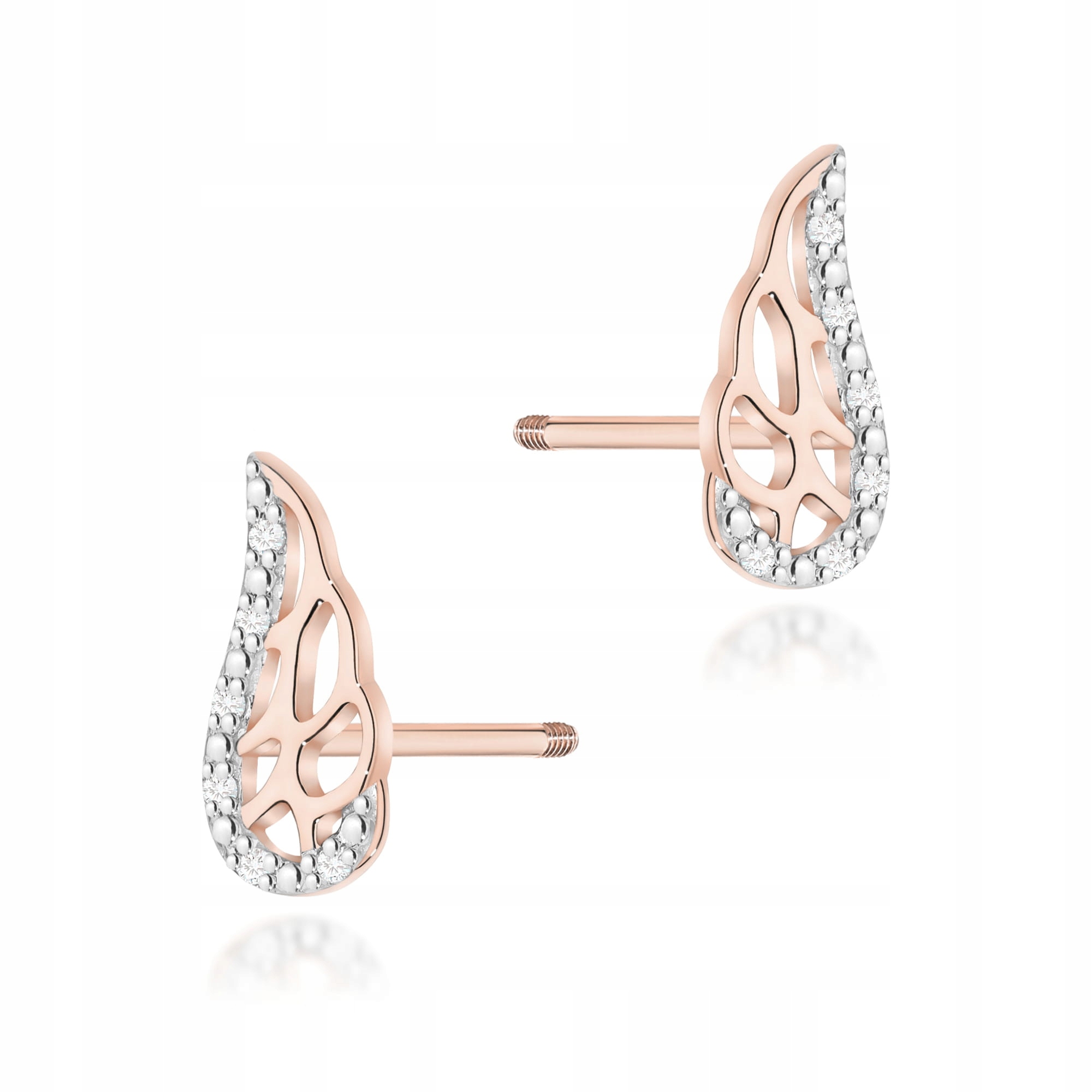 Náušnice z růžového zlata 585 s křidélky a diamanty na šroubovací tyčinku