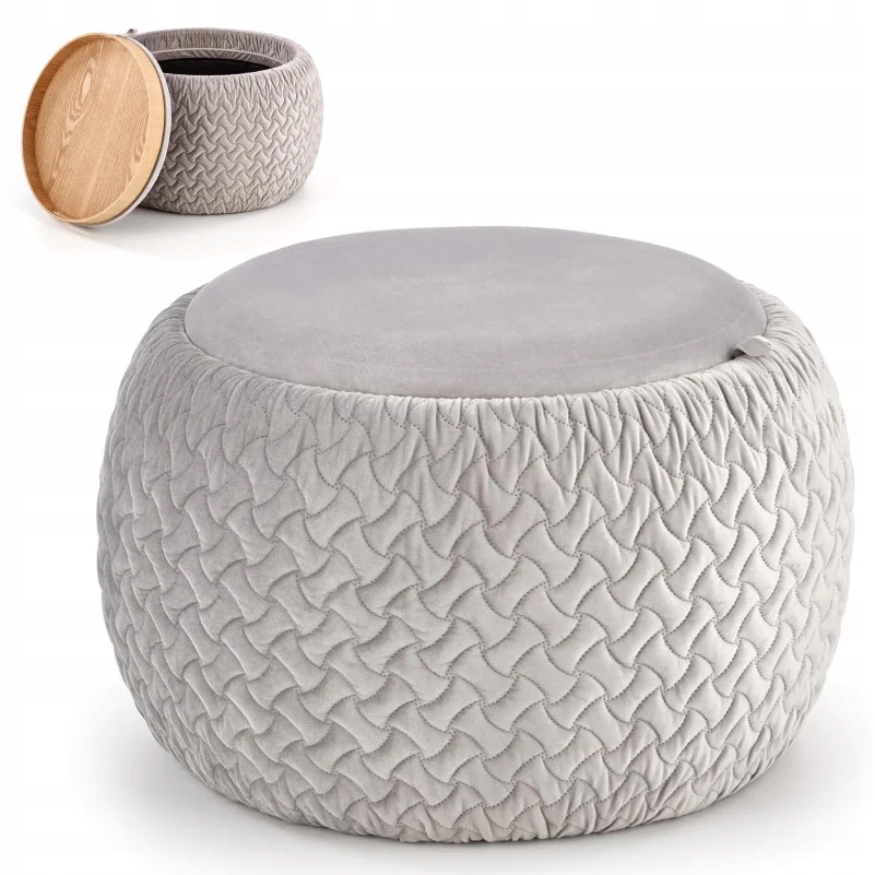 Okrągła Szara Pufa ze Schowkiem Stolik Kawowy BONO Kształt okrągła