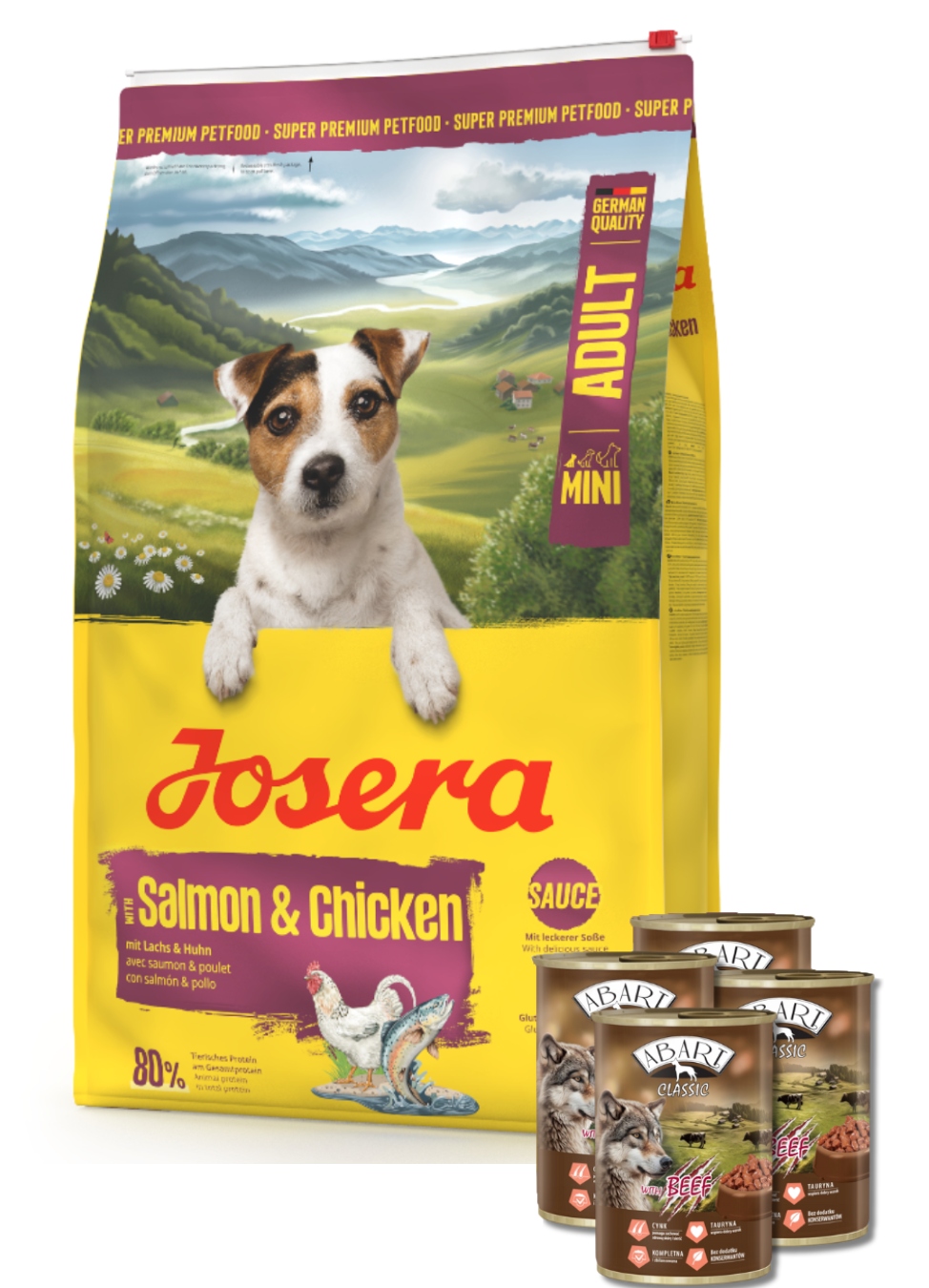 Josera Mini Salmon & Chicken 10 kg 4x Abart konzerva s hovězím masem 415 g