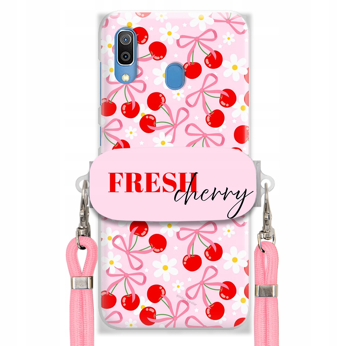 Pouzdro pro Samsung A30 Case Držák Šňůrka Růžová Cherry Třešničky Mašličky