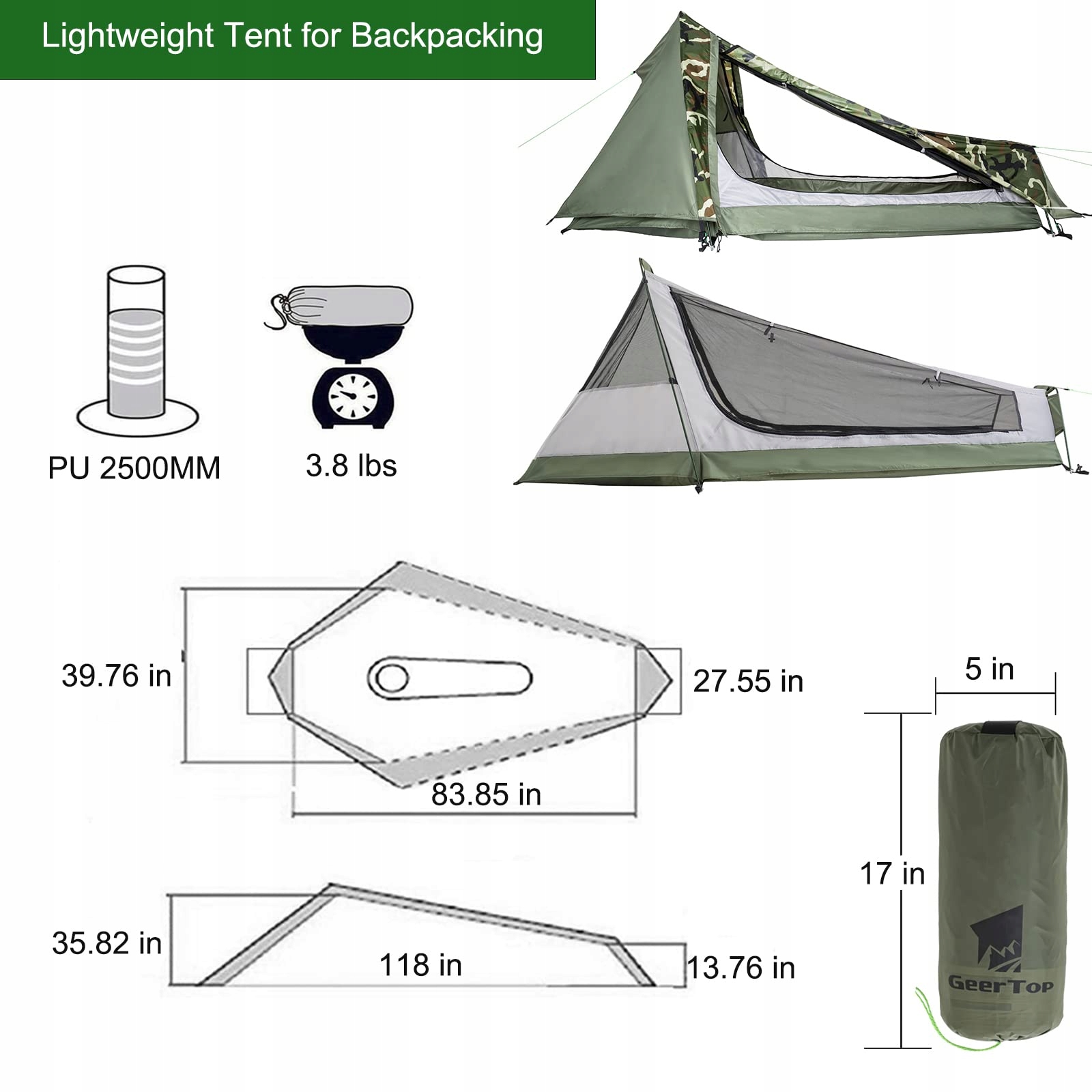 GEERTOP Lekki Namiot Jednoosobowy Biwakowy Trekkingowy Camouflage — miniatura 6