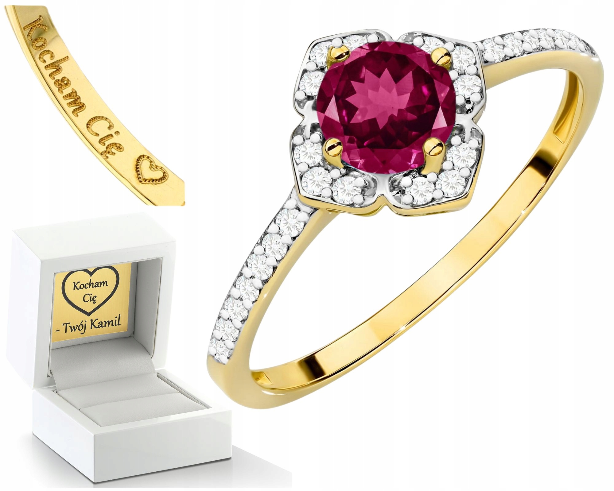 Prstýnek Prsten S Rhodolitem A Diamanty 585 14K Zlato Jako Gravírování Dárek