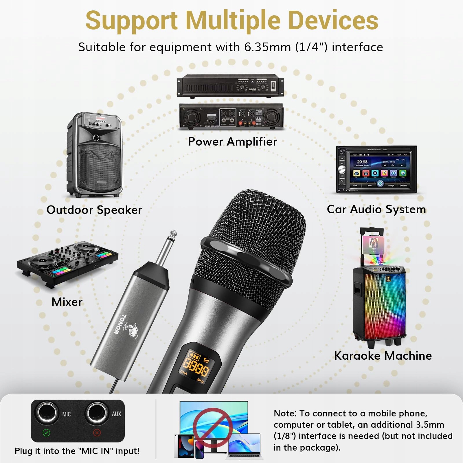 TONOR Mikrofon Bezprzewodowy UHF System Karaoke PA 60m Srebrny — miniatura 5