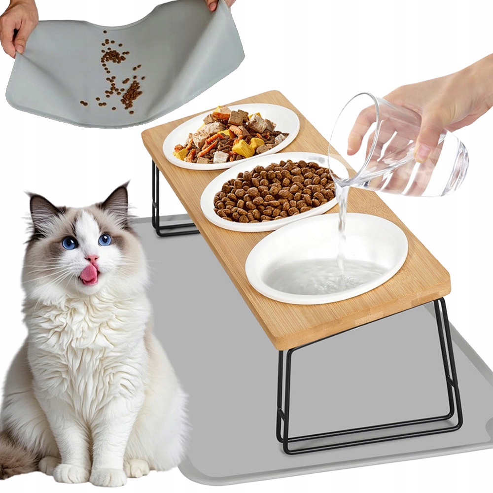 Keramická Miska Tři Pro Psa A Kočku 3 Misky 300 ML Dřevěná Základna