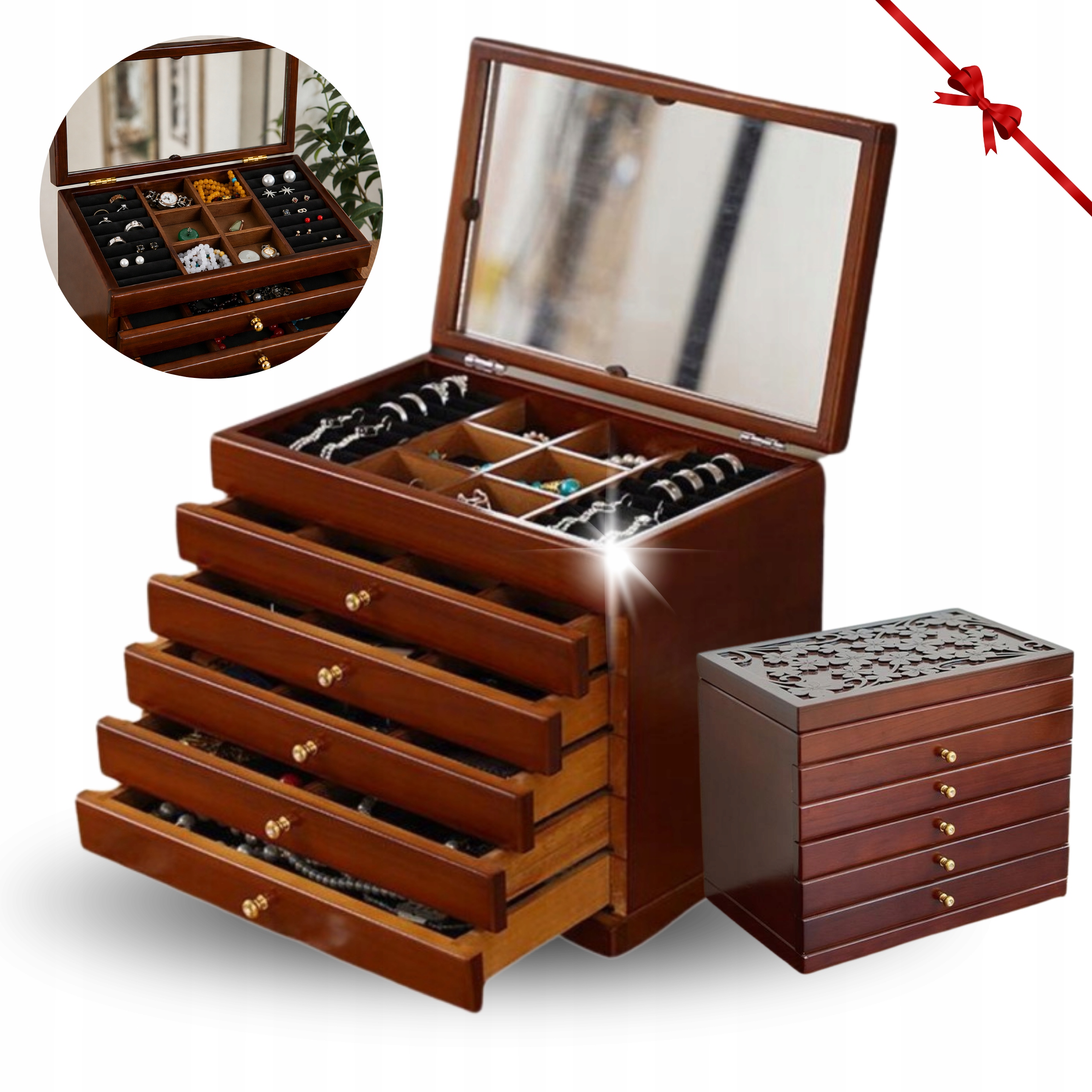 Krabička Kufřík Organizér Na Šperky Dřevěný Hnědý Se Zrcátkem Box