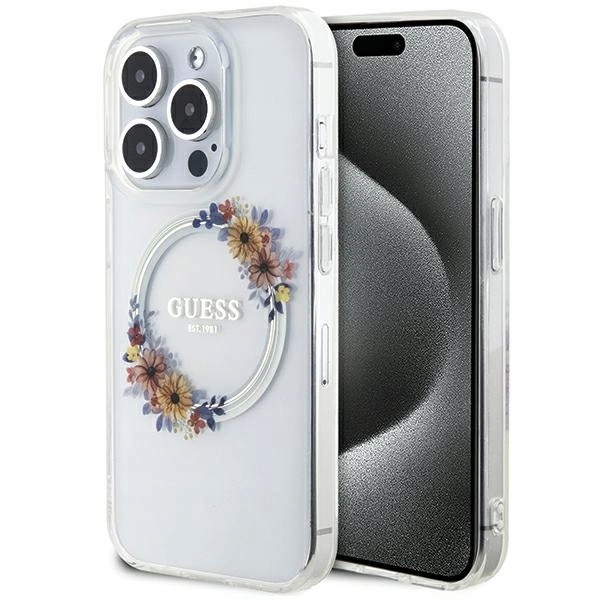 Pouzdro Guess IML Flowers Wreatch MagSafe pro iPhone 15 Pro Max průhledné