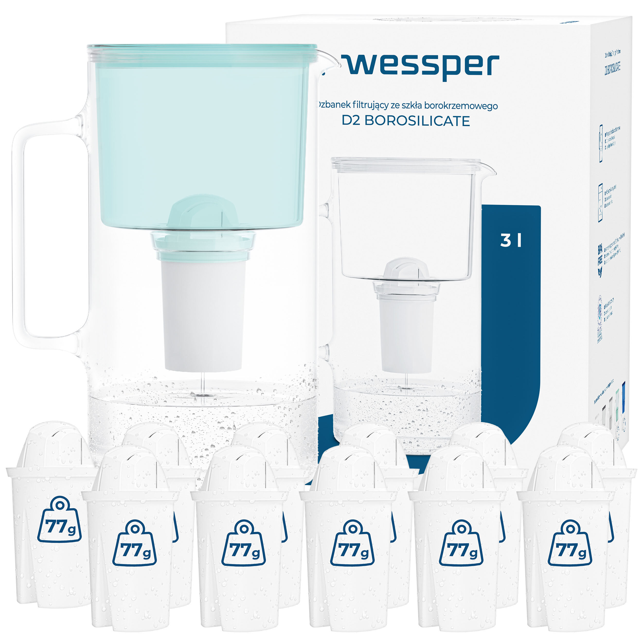 Szklany dzbanek filtrujący Wessper D2 Borosilicate 12x filtr AquaClassic