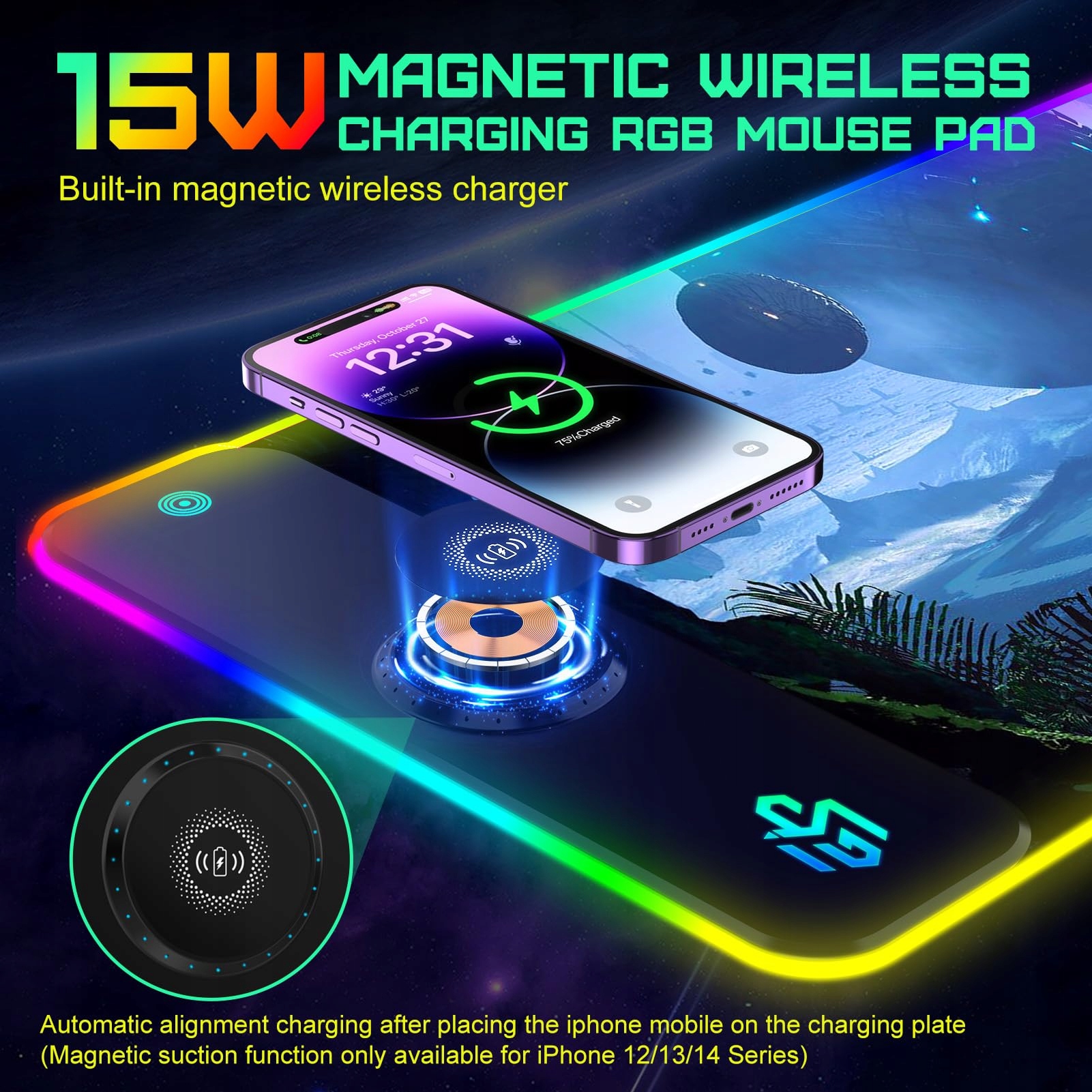 RGB PODKŁADKA GAMINGOWA LED Z BEZPRZEWODOWYM ŁADOWANIEM 15W WODOODPORNA — miniatura 2