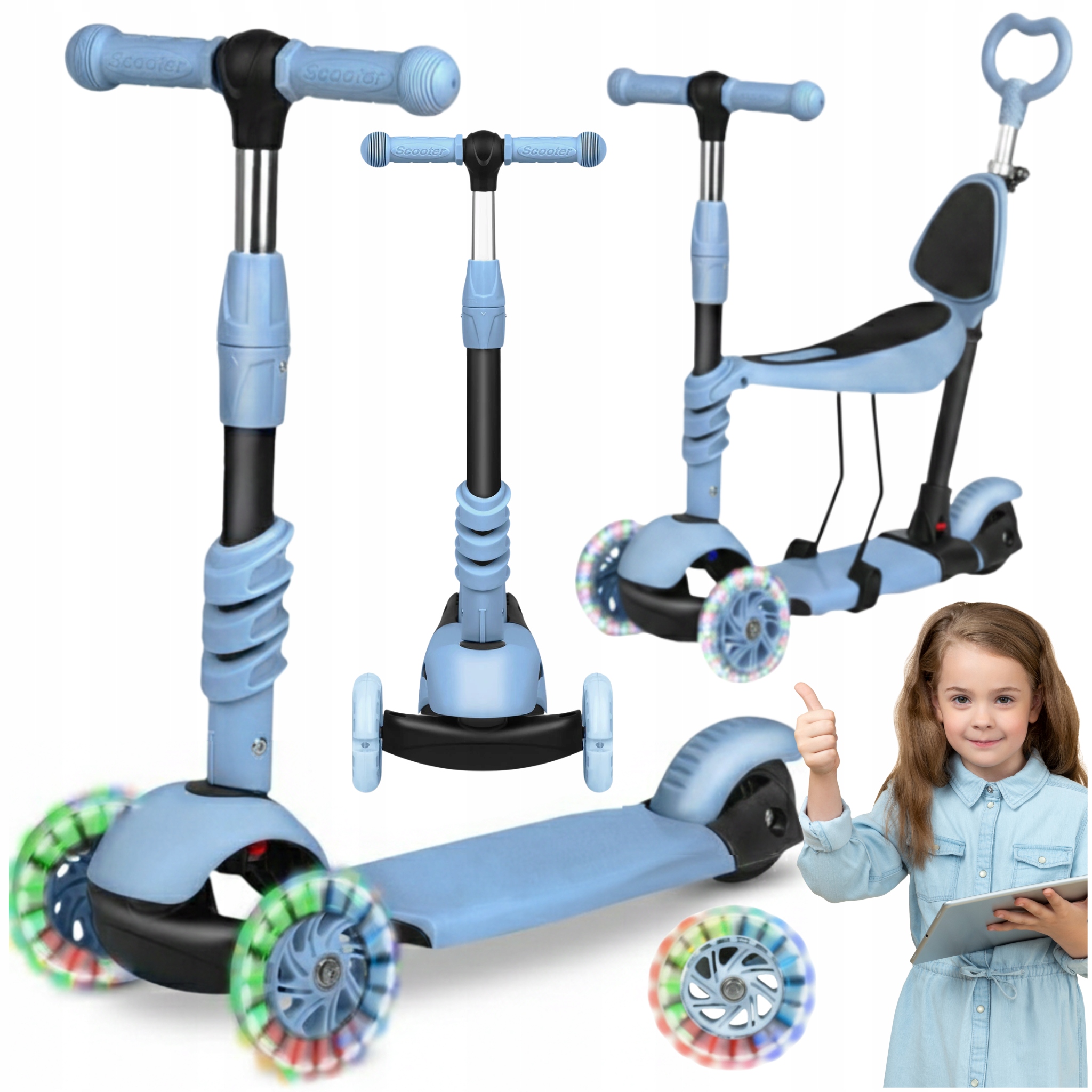 Hulajnoga dla dzieci balansowa 5w1 Led jeździk pchacz 3 koła regulowana