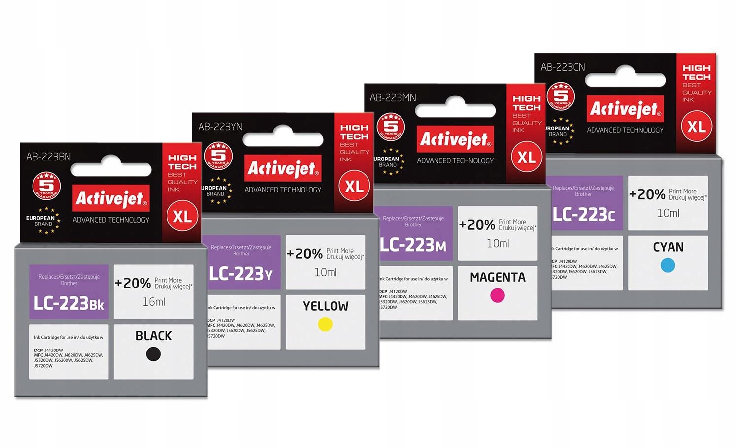 4X Tusze Activejet LC223 LC223 LC-223 Do Brother DCP-J4120DW DCP-J562DW Kpl