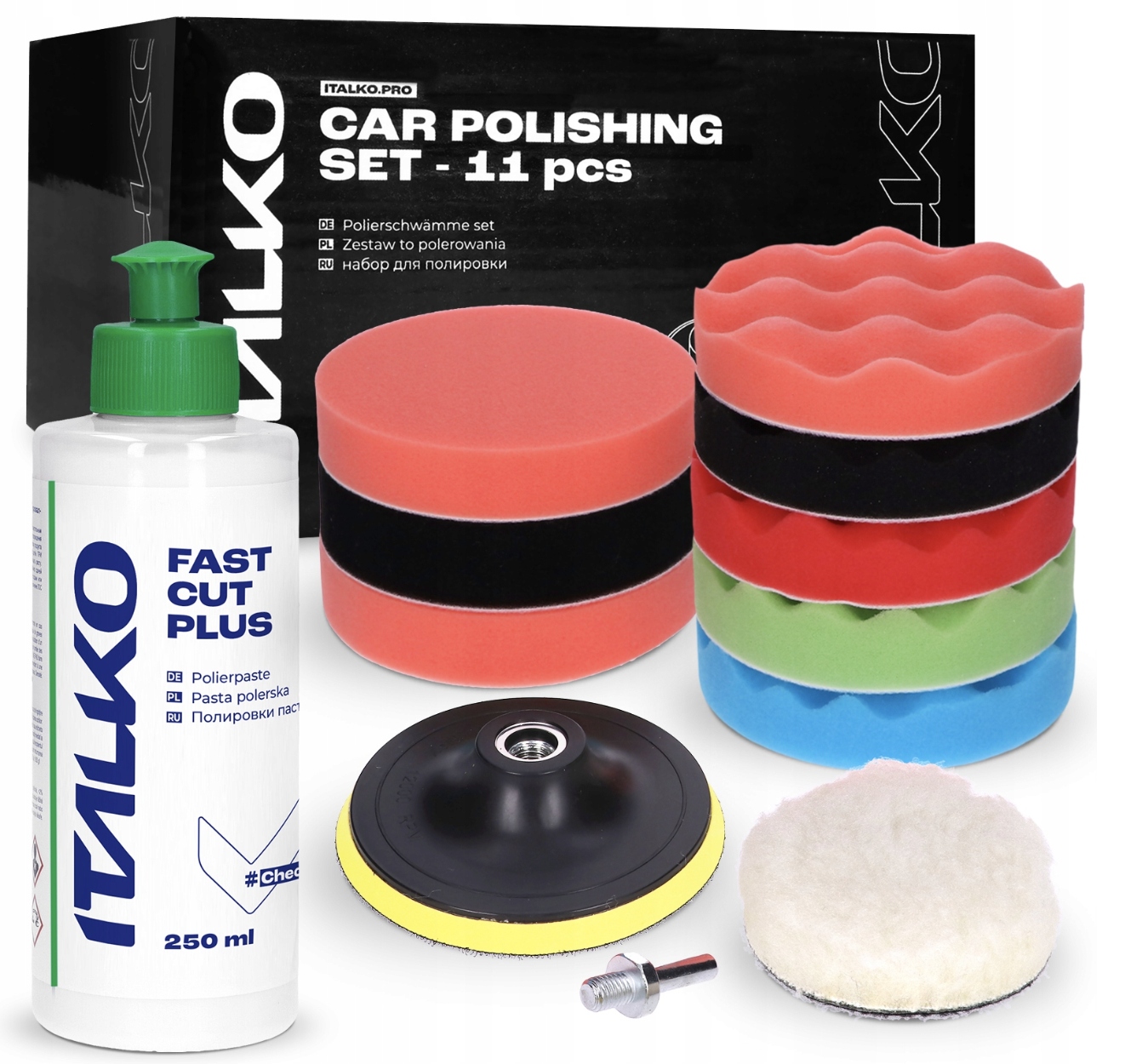 ZESTAW POLERSKI GĄBKI PADY DYSK RZEP 125MM PASTA POLERSKA ITALKO