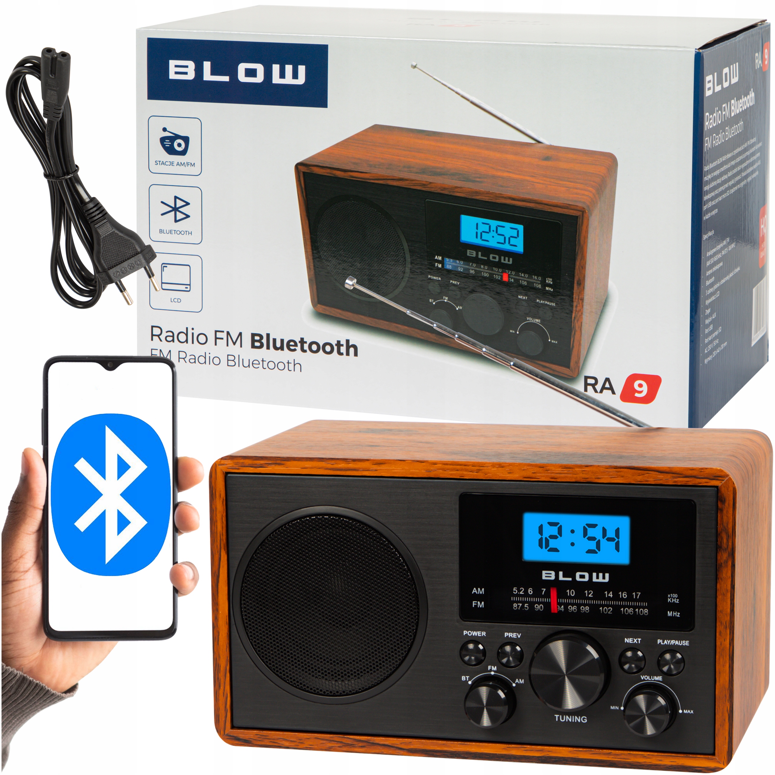 Radio Kuchenne Retro Przenośne Bluetooth Zegar LCD Fm Antena Aux Usb-c Sd