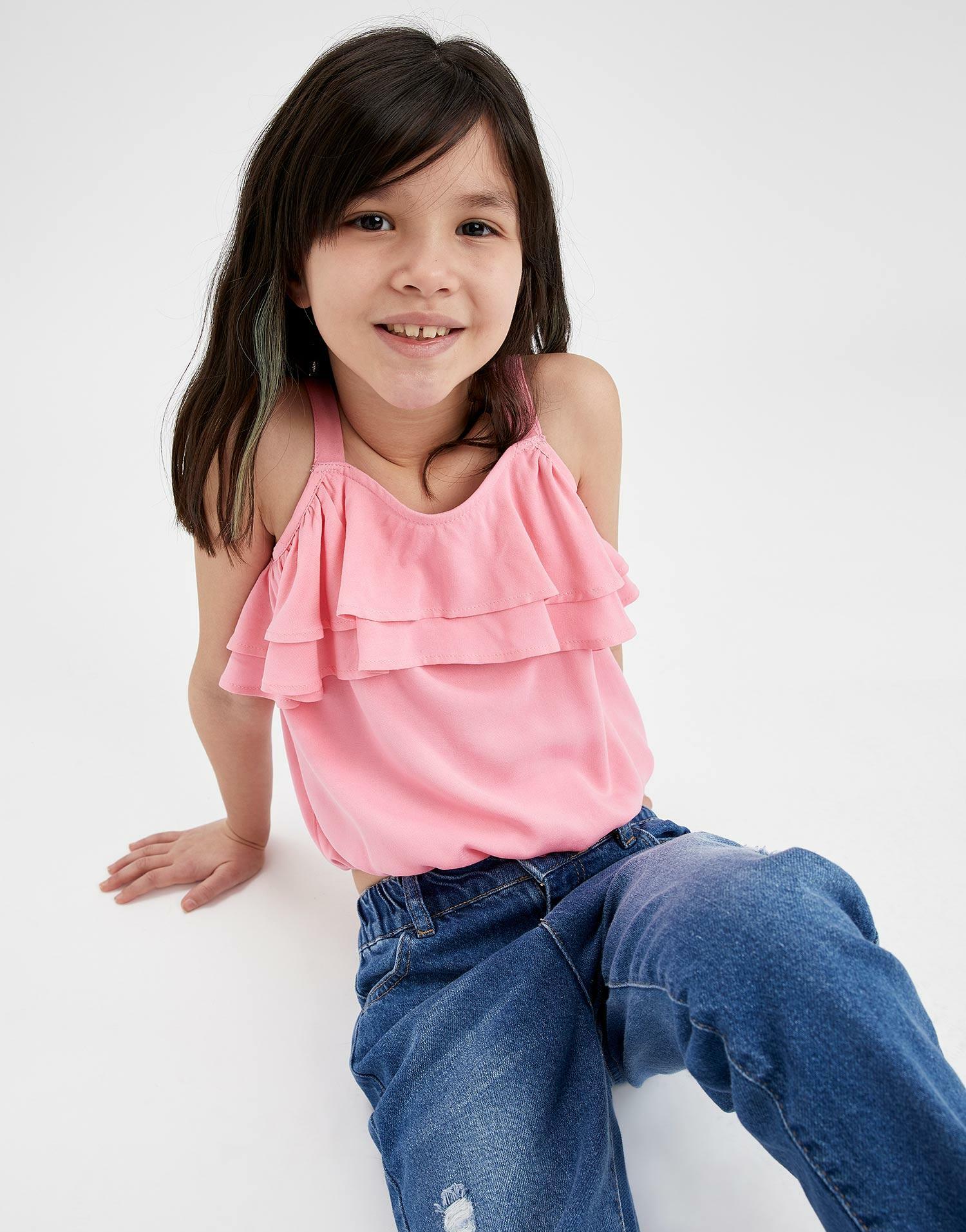 RÓŻOWY TOP BLUZKA FALBANKI RAMIĄCZKA WISKOZA GŁADKA DEFACTO 128-134