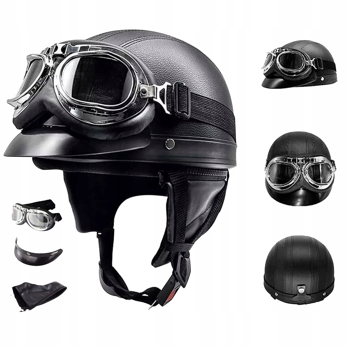 Kask motocyklowy skórzany retro classic light chopper zestaw gogli