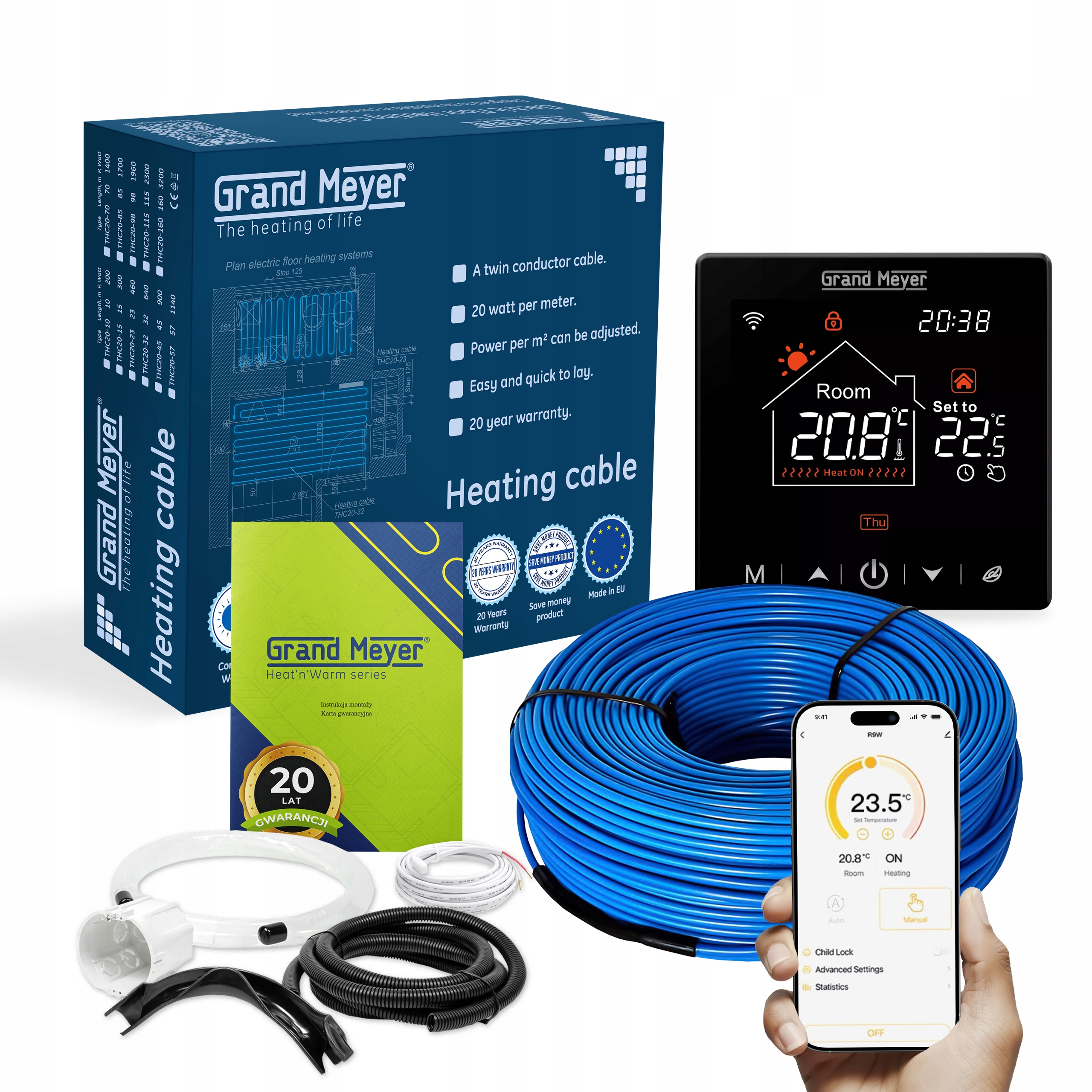 Przewód grzejny 20W/m 57m ogrzewanie podlogowe kabel grzewczy z SN-20 Wi-Fi