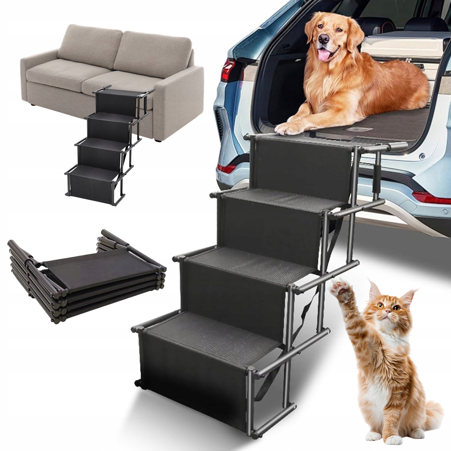 Levně Stabilní Skládací Schody Pro Psa 4 Stupně Protiskluzové 80 Kg