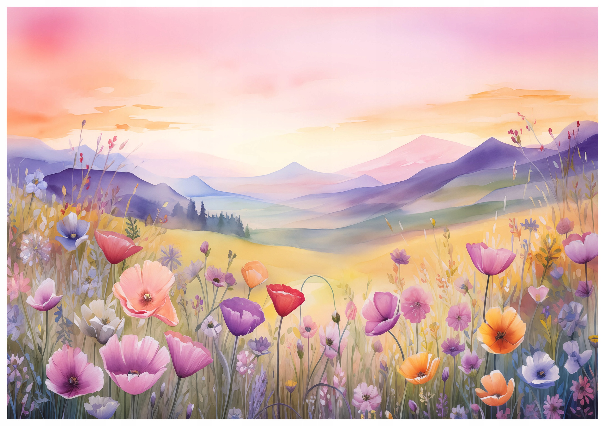 Fototapeta Poľné kvety Západ slnka Pastelové hory 350x250 lepidlo